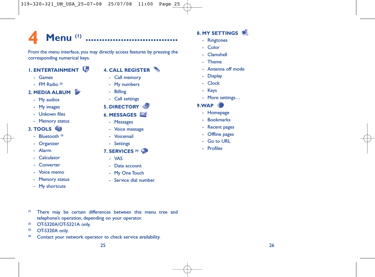 268. MY SETTINGS - Ringtones- Color- Clamshell- Theme- Antenna off mode- Display- Clock-Keys- More settings…9.WAP - Homepage- Bookmarks- Recent pages- Offline pages- Go to URL- Profiles4Menu (1) ..................................From the menu interface, you may directly access features by pressing thecorresponding numerical keys.251. ENTERTAINMENT - Games- FM Radio (2)2. MEDIA ALBUM - My audios- My images- Unkown files- Memory status3. TOOLS - Bluetooth (3)- Organizer- Alarm- Calculator- Converter- Voice memo- Memory status- My shortcuts4. CALL REGISTER - Call memory- My numbers- Billing- Call settings5. DIRECTORY 6. MESSAGES - Messages- Voice message- Voicemail- Settings7. SERVICES (4) -VAS- Data account- My One Touch- Service dial number(1) There may be certain differences between this menu tree andtelephone’s operation, depending on your operator.(2) OT-S320A/OT-S321A only.(3) OT-S320A only.(4) Contact your network operator to check service availability.319-320-321_UM_USA_25-07-08  25/07/08  11:00  Page 25