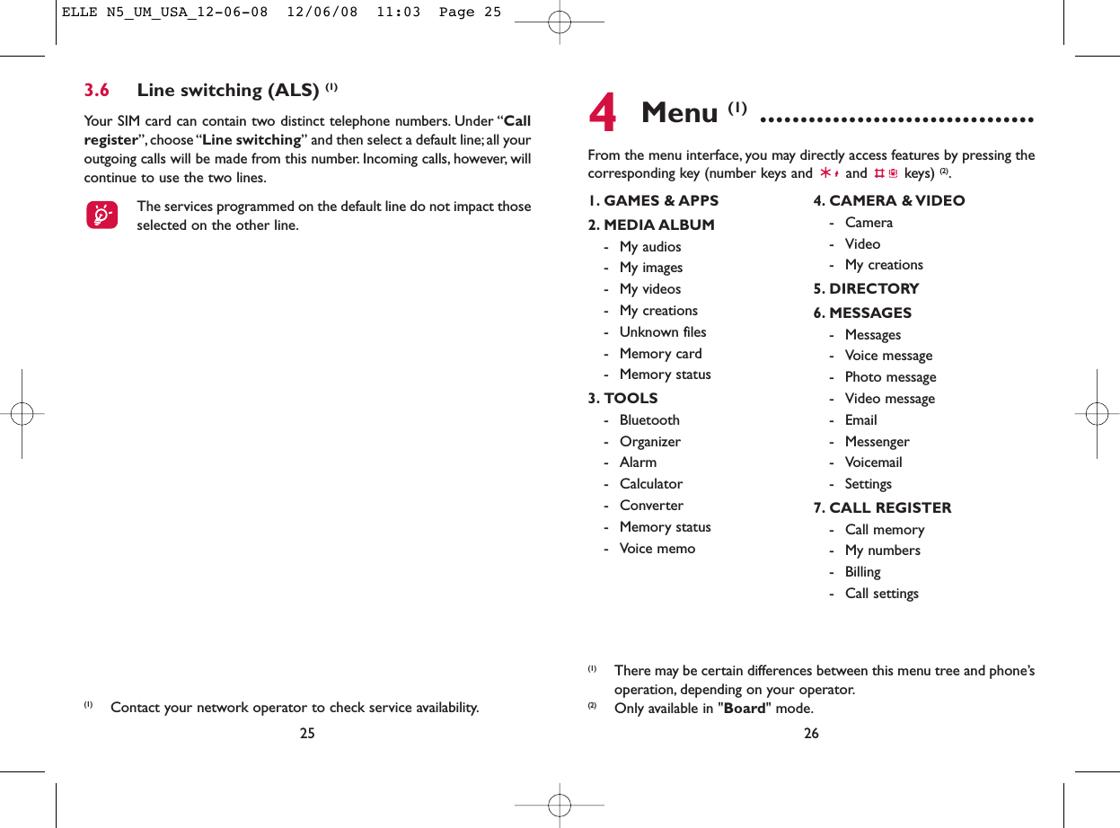 4Menu (1) ..................................From the menu interface, you may directly access features by pressing thecorresponding key (number keys and  and  keys) (2).261. GAMES &amp; APPS2. MEDIA ALBUM- My audios- My images- My videos- My creations- Unknown files- Memory card - Memory status3. TOOLS- Bluetooth- Organizer- Alarm- Calculator- Converter- Memory status- Voice memo4. CAMERA &amp; VIDEO- Camera- Video- My creations5. DIRECTORY6. MESSAGES- Messages- Voice message- Photo message- Video message- Email- Messenger- Voicemail- Settings7. CALL REGISTER- Call memory- My numbers- Billing- Call settings(1) There may be certain differences between this menu tree and phone’soperation, depending on your operator.(2) Only available in &quot;Board&quot; mode.3.6 Line switching (ALS) (1)Your SIM card can contain two distinct telephone numbers. Under “Callregister”, choose “Line switching” and then select a default line;all youroutgoing calls will be made from this number. Incoming calls, however, willcontinue to use the two lines.The services programmed on the default line do not impact thoseselected on the other line.25(1) Contact your network operator to check service availability.ELLE N5_UM_USA_12-06-08  12/06/08  11:03  Page 25