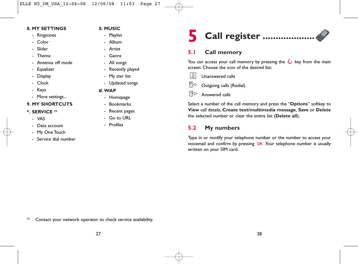 5Call register ....................5.1 Call memory You can access your call memory by pressing the  key from the mainscreen. Choose the icon of the desired list:Unanswered callsOutgoing calls (Redial)Answered calls Select a number of the call memory and press the “Options” softkey toView call details, Create text/multimedia message,Save or Deletethe selected number or clear the entire list (Delete all).5.2 My numbers Type in or modify your telephone number or the number to access yourvoicemail and confirm by pressing  .Your telephone number is usuallywritten on your SIM card.28278. MY SETTINGS - Ringtones- Color- Slider- Theme- Antenna off mode- Equalizer- Display- Clock-Keys- More settings...9. MY SHORTCUTS*. SERVICE (1)- VAS - Data account- My One Touch- Service dial number0. MUSIC- Playlist- Album- Artist- Genre- All songs- Recently played- My star list- Updated songs#. WAP- Homepage- Bookmarks- Recent pages- Go to URL- Profiles(1) Contact your network operator to check service availability.ELLE N5_UM_USA_12-06-08  12/06/08  11:03  Page 27