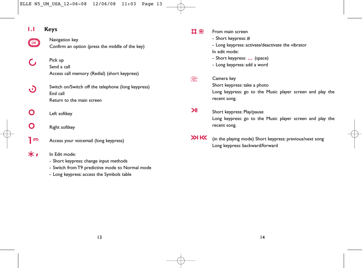 From main screen- Short keypress: #- Long keypress: activate/deactivate the vibratorIn edit mode:- Short keypress: (space)- Long keypress: add a wordCamera keyShort keypress: take a photoLong keypress: go to the Music player screen and play therecent song.Short keypress: Play/pause Long keypress: go to the Music player screen and play therecent song.(in the playing mode) Short keypress: previous/next song Long keypress: backward/forward141.1 KeysNavigation keyConfirm an option (press the middle of the key)Pick upSend a callAccess call memory (Redial) (short keypress)Switch on/Switch off the telephone (long keypress)End callReturn to the main screen Left softkeyRight softkeyAccess your voicemail (long keypress)In Edit mode:- Short keypress: change input methods- Switch from T9 predictive mode to Normal mode- Long keypress: access the Symbols table13ELLE N5_UM_USA_12-06-08  12/06/08  11:03  Page 13