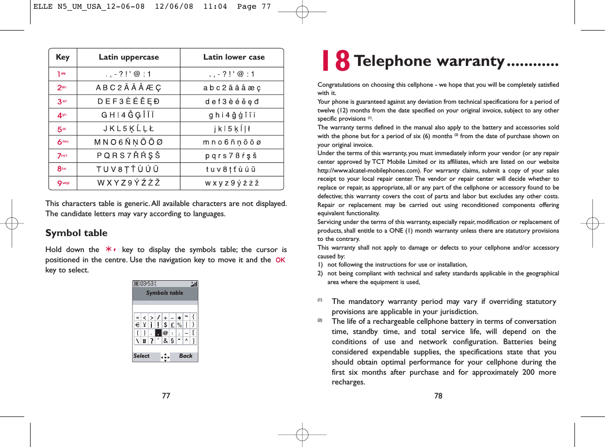 18Telephone warranty............Congratulations on choosing this cellphone - we hope that you will be completely satisfiedwith it.Your phone is guaranteed against any deviation from technical specifications for a period oftwelve (12) months from the date specified on your original invoice, subject to any otherspecific provisions (1).The warranty terms defined in the manual also apply to the battery and accessories soldwith the phone but for a period of six (6) months (2) from the date of purchase shown onyour original invoice.Under the terms of this warranty, you must immediately inform your vendor (or any repaircenter approved by TCT Mobile Limited or its affiliates, which are listed on our websitehttp://www.alcatel-mobilephones.com). For warranty claims, submit a copy of your salesreceipt to your local repair center. The vendor or repair center will decide whether toreplace or repair, as appropriate, all or any part of the cellphone or accessory found to bedefective; this warranty covers the cost of parts and labor but excludes any other costs.Repair or replacement may be carried out using reconditioned components offeringequivalent functionality.Servicing under the terms of this warranty, especially repair, modification or replacement ofproducts, shall entitle to a ONE (1) month warranty unless there are statutory provisionsto the contrary.This warranty shall not apply to damage or defects to your cellphone and/or accessorycaused by:1) not following the instructions for use or installation,2) not being compliant with technical and safety standards applicable in the geographicalarea where the equipment is used,78(1) The mandatory warranty period may vary if overriding statutoryprovisions are applicable in your jurisdiction.(2) The life of a rechargeable cellphone battery in terms of conversationtime, standby time, and total service life, will depend on theconditions of use and network configuration. Batteries beingconsidered expendable supplies, the specifications state that youshould obtain optimal performance for your cellphone during thefirst six months after purchase and for approximately 200 morerecharges.This characters table is generic. All available characters are not displayed.The candidate letters may vary according to languages.Symbol tableHold down the  key to display the symbols table; the cursor ispositioned in the centre. Use the navigation key to move it and the key to select.77Symbols table Key Latin uppercase Latin lower caseSelect BackELLE N5_UM_USA_12-06-08  12/06/08  11:04  Page 77