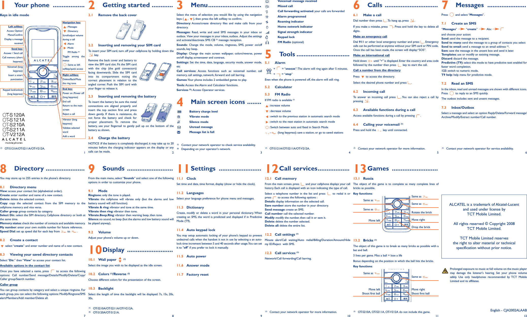 1Your phone ..................Keys in idle mode2Getting started ............2.1 Remove the back cover2.2 Inserting and removing your SIM cardTo insert your SIM card, turn off your cellphone by holding down thekey.Remove the back cover and battery toview the SIM card slot. Fit the SIM cardwith the chip (the gold connectors)facing downwards. Slide the SIM cardinto its compartment noting thecorrect placement in relation to theangled corner. Push the SIM card withyour finger to release it.2.3 Inserting and removing the batteryTo insert the battery be sure the metalconnections are aligned properly andinsert the top section first and pressdown gently. If there is resistance, donot force the battery and check forproper placement. To remove the battery, use your fingernail to gently pull up on the bottom of thebattery as shown.2.4 Charge the battery NOTICE :If the battery is completely discharged, it may take up to 20minutes before the charging indicator appears on the display or anycalls can be made.9Sounds ..........................From the main menu, select “Sounds” and select one of the followingoptions in order to customize your phone.9.1 Mode Ringtone: only the tone is played.Vibrate: the cellphone will vibrate only (but the alarms and lowbattery sound will still function).Vibrate &amp; ring: vibrator and tone at the same time.Vibrate then ring: vibrator then tone.Vibrate.Beep.Ring: vibrator then warning beep, then tone.Silence: no sound, no beep (but the alarms and low battery sound willbe played anyway).9.2 VolumeAdjust your phone&apos;s volume up or down.10Display ..........................10.1 Wall paper  (1)Select the image you wish to be displayed as the idle screen.10.2 Colors (1)/Reverse (2)Choose different colors for the presentation of the screen.10.3 BacklightSelect the length of time the backlight will be displayed: 7s, 15s, 20s,30s.3Menu..............................Select the menu of selection you would like by using the navigationkeys ( , ), then press the left softkey to confirm.Directory: Access/create directory files and make calls from yourdirectory.Messages: Read, write and send SMS messages in your inbox oroutbox. View your messages in your inbox, outbox. Adjust the settingsand activate/deactivate SMS CB (1) message reception.Sounds: Change the mode, volume, ringtones, SMS, power on/offsounds, key beep.Display: Change the main screen wallpaper, colors/reverse, poweron/off display, screensaver and contrast.Settings: Set the time, date, language, security mode, answer mode,etcCall services: Access functions such as: voicemail number, callmemory, call settings, network, forward and call barring.Games: Your phone includes 2 embedded games to play.Tools: Access the Alarm and Calculator functions.Services (2):Access Operator services.4Main screen icons ........Battery charge levelVibrate modeSilence modeUnread messageMessage list is full11Settings ........................11.1 ClockSet time and date, time format, display (show or hide the clock).11.2 LanguagesSelect your language preference for phone menu and messages.11.3 DictionaryCreate, modify or delete a word in your personal dictionary. Whencreating an SMS, the word is predicted and displayed if in PredictiveMode (T9).11.4 Auto keypad lockYou may setup automatic locking of your phone&apos;s keypad to preventundesired calls when the handset it not in use by selecting a an auto-lock time increment between 5 and 40 seconds after usage.You can setit to &quot;off&quot; if you prefer to lock it manually.11.5 Auto power11.6 Answer mode11.7 Factory resetVoicemail message receivedMissed callCall forwarding activated: your calls are forwardedAlarm programmedRoaming indicatorHome network indicatorSignal strength indicatorKeypad lockFM Radio (optional)5Tools ..............................5.1 Alarm+ = “snooze”:The alarm will ring again after 5 minutes.+ = “stop”Even when the phone is powered off, the alarm will still ring.5.2 Calculator5.3 FM RadioIf FM radio is available (1): increase volume: decrease volume: switch to the previous station in automatic search mode: switch to the next station in automatic search mode: Switch between auto and fixed in Search Mode- (long keypress): save a station, or go to saved stations12Call services..................12.1 Call memoryFrom the main screen, press  and your cellphone displays your callhistory. Each call is displayed with an icon indicating the type of call.Select a telephone number in the list and press  to redial it orpress  to access the following options :Details: display information on the selected call.Save number: store the number in your directory.Send message: create an SMS.Call number: call the selected number.Modify: modify the number, then call it or save it.Delete: delete the number selected.Delete all: delete the entire list.12.2 Call settings (1)Minute alert/Call waiting/Auto redial/Billing/Duration/Amount/Hidemy ID/Reject  with SMS.12.3 Call services (1)Network/Call forwarding/Call barring.6Calls ..............................6.1 Make a callDial number then press  .To hang up, press  .If you make a mistake, press  . Press and hold the key to delete alldigits.Make an emergency callDial 911 or other local emergency number and press  . Emergencycalls can be performed at anytime without your SIM card or PIN code.Once the call has been made, the screen will display:“SOS”.Make an international callHold down  until &quot;+&quot; is displayed. Enter the country and area codefollowed by the number then press  key to start the call.Call a number from the directoryPress  to access the directory.Select the desired phone number and press  .6.2 Incoming callTo answer an incoming call press  . You can also reject a call bypressing .6.3 Available functions during a callAccess available functions during a call by pressing  .6.4 Calling your voicemail (1)Press and hold the  key until connected.13Games ..........................13.1 RussiaThe object of this game is to complete as many complete lines ofbricks as possible.Key functions:13.2 Bricks (1)The object of this game is to break as many bricks as possible with abat and ball.3 lives per game. Miss a ball = lose a lifeBonus depending on the position in which the ball hits the bricks.Key functions:7Messages ......................Press and select “Messages”.7.1 Create an SMS“Messages” “create” Abc and choose your action:Send: send the message to a recipient.Send to many: send the message to a group of contacts you selectSend to email: send a message to an email address (1).Save: save the message in the unsent box and send it later.Templates: use or modify an existing message.Discard: discard the message.Predictive (T9): select this mode to have predictive text enabled forfaster word completion.123: switch to numeric mode.T9 help: help menu for predictive mode.7.2 Read an SMSIn the inbox, read and unread messages are shown with different icons.Press  to reply to an SMS quickly.The outbox includes sent and unsent messages.7.3 Inbox/OutboxSelect a message and select an option: Reply/Delete/Forward message/Archive/Modify/Extract number/Call number.Navigation key:: Messages: DirectoryScroll/adjust volumeduring a call:Alarm:ModeFM Radio (1)Toggle among themenus: Same as leftsoftkey/quick accessEnd key:Power on /Power off(long keypress)End callReturn to the mainscreen Reject a callSend key:Answer / Send callCall memory (shortkeypress)Voicemail (longkeypress)Insert a smartpunctuationVibrator (longkeypress)Validate selectedwordAdd a wordLeft softkey:Access Option/Menu/ConfirmDisplay a messagereceivedRight softkey:Delete/Back/Mutethe ring tone1 2(1) Contact your network operator to check service availability.(2) Depending on your operator&apos;s network.34568Directory ......................You may store up to 255 entries in the phone&apos;s directory.8.1 Directory menuView: access your contact list (alphabetical order).Create: enter number and name of a new contact.Delete: delete the selected contact.Copy: copy the selected contact from the SIM memory to thecellphone memory and vice versa.Caller group: group contacts by category.Select Dir.: select the SIM directory, Cellphone directory or both atthe same time.Memory status: check the number of contacts and available memory.My number: enter your own mobile number for future reference.Speed Dial: set up speed dial for each key from  to  .8.2 Create a contactselect “create” and enter number and name of a new contact.8.3 Viewing your saved directory contactsSelect “Dir.” then “View” to access your contact list.Available options in the contact listOnce you have selected a name, press  to access the followingoptions: Call number/Send message/Details/Modify/Delete/Copy/Caller group/Search number.Caller groupYou can group contacts by category and select a unique ringtone. Foreach group, you can select the following options: Modify/Ringtone/SMSalert/Members/Add member/Delete all.78910Same as Move leftRotate the brickMove rightDrop the brick11 12(1) Contact your network operator for more information. (1) Contact your network operator for service availability.(1) Contact your network operator for more information.Same as Same as Same as Same as Move leftShoot first ballMove rightShoot first ballSame as Keypad lock/unlock(long keypress)English - CJA2002ALAAB(1) OT-S121A/OT-S211A/OT-V212A.(1) OT-S210A/OT-S211A/OT-V212A.(2) OT-S120A/OT-S121A.(1) OT-S121A/OT-S211A/OT-V212A.ALCATEL is a trademark of Alcatel-Lucent and used under license by TCT Mobile Limited.All rights reserved © Copyright 2008TCT Mobile Limited.TCT Mobile Limited reserves the right to alter material or technical specification without prior notice.Prolonged exposure to music at full volume on the music playermay damage the listener&apos;s hearing. Set your phone volumesafely. Use only headphones recommended by TCT MobileLimited and its affiliates.(1) OT-S210A, OT-S211A, OT-V212A do not include this game.