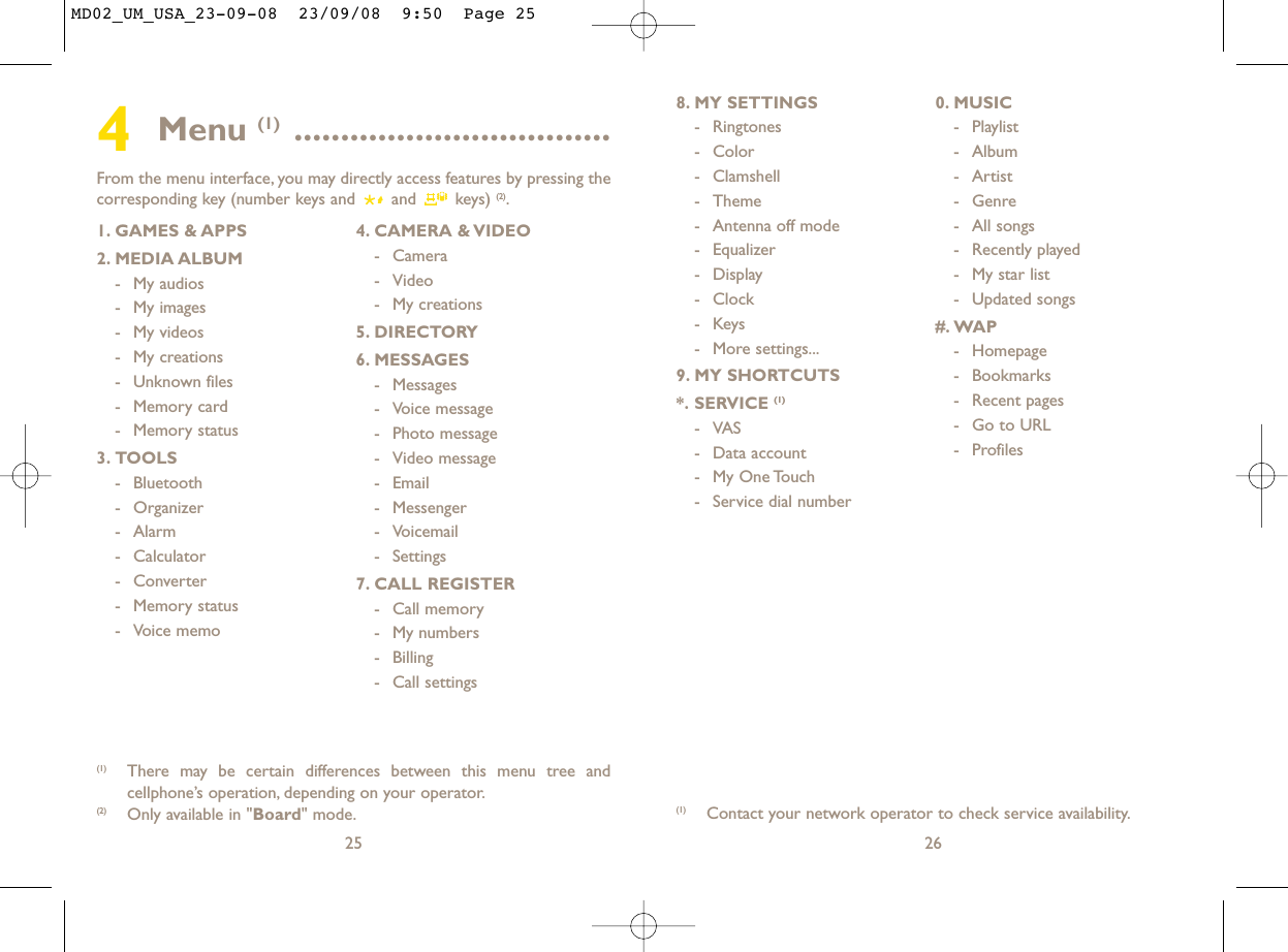 268. MY SETTINGS - Ringtones- Color- Clamshell- Theme- Antenna off mode- Equalizer- Display- Clock-Keys- More settings...9. MY SHORTCUTS*. SERVICE (1)- VAS - Data account- My One Touch- Service dial number0. MUSIC- Playlist- Album- Artist- Genre- All songs- Recently played- My star list- Updated songs#. WAP- Homepage- Bookmarks- Recent pages- Go to URL- Profiles(1) Contact your network operator to check service availability.4Menu (1) ..................................From the menu interface, you may directly access features by pressing thecorresponding key (number keys and  and  keys) (2).251. GAMES &amp; APPS2. MEDIA ALBUM- My audios- My images- My videos- My creations- Unknown files- Memory card - Memory status3. TOOLS- Bluetooth- Organizer- Alarm- Calculator- Converter- Memory status- Voice memo4. CAMERA &amp; VIDEO- Camera- Video- My creations5. DIRECTORY6. MESSAGES- Messages- Voice message- Photo message- Video message- Email- Messenger- Voicemail- Settings7. CALL REGISTER- Call memory- My numbers- Billing- Call settings(1) There may be certain differences between this menu tree andcellphone’s operation, depending on your operator.(2) Only available in &quot;Board&quot; mode.MD02_UM_USA_23-09-08  23/09/08  9:50  Page 25