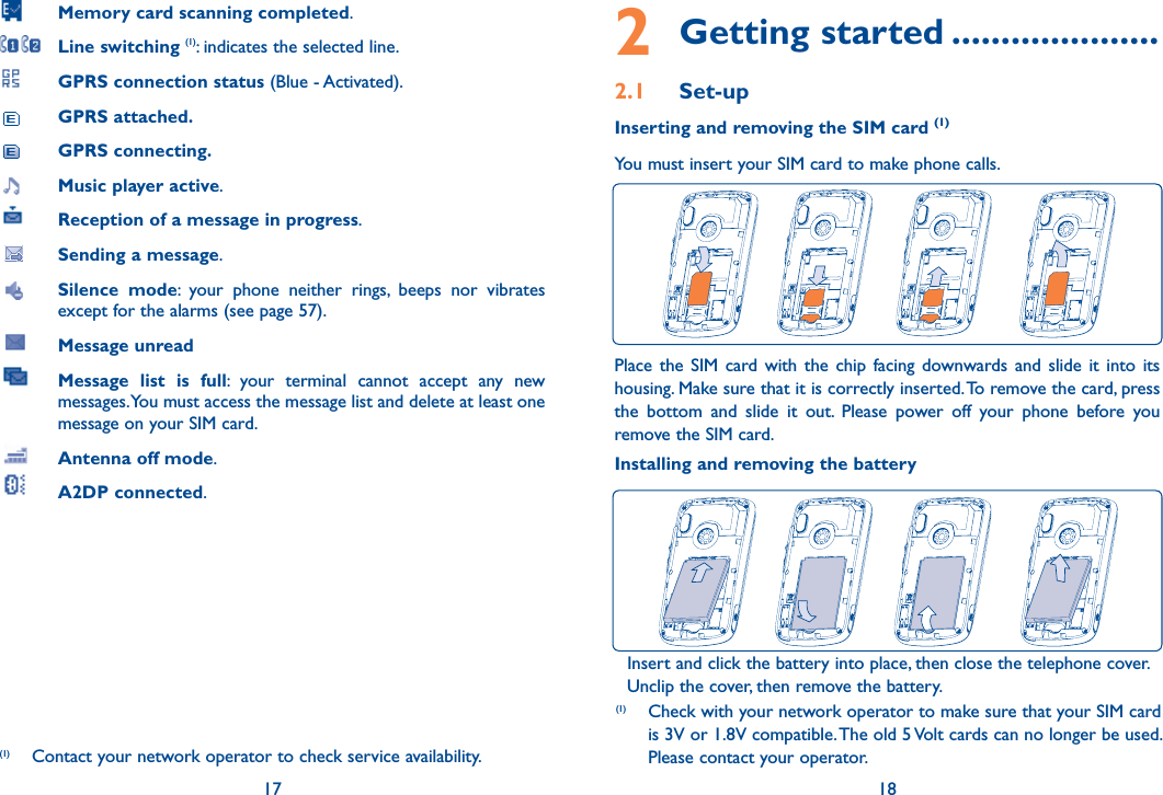  Memory card scanning completed. Line switching (1): indicates the selected line. GPRS connection status (Blue - Activated). GPRS attached. GPRS connecting. Music player active. Reception of a message in progress.  Sending a message.  Silence mode: your phone neither rings, beeps nor vibrates except for the alarms (see page 57).  Message unread Message list is full: your terminal cannot accept any new messages. You must access the message list and delete at least one message on your SIM card.  Antenna off mode. A2DP connected.17(1)  Contact your network operator to check service availability.2 Getting started .....................2.1 Set-upInserting and removing the SIM card (1)You must insert your SIM card to make phone calls.18Place the SIM card with the chip facing downwards and slide it into its housing. Make sure that it is correctly inserted. To remove the card, press the bottom and slide it out. Please power off your phone before you remove the SIM card. Installing and removing the batteryInsert and click the battery into place, then close the telephone cover.   Unclip the cover, then remove the battery.(1)  Check with your network operator to make sure that your SIM card is 3V or 1.8V compatible. The old 5 Volt cards can no longer be used. Please contact your operator.