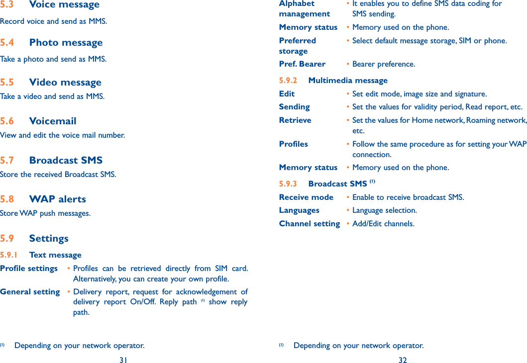 325.3 Voice messageRecord voice and send as MMS.5.4 Photo messageTake a photo and send as MMS.5.5 Video messageTake a video and send as MMS.5.6 VoicemailView and edit the voice mail number.5.7 Broadcast SMSStore the received Broadcast SMS.5.8 WAP alertsStore WAP push messages.5.9 Settings5.9.1 Text messageProfile settings • Profiles can be retrieved directly from SIM card. Alternatively, you can create your own profile.General setting • Delivery report, request for acknowledgement of delivery report On/Off. Reply path (1) show reply path. 31(1)  Depending on your network operator.Alphabet • It enables you to define SMS data coding formanagement  SMS sending. Memory status • Memory used on the phone.Preferred  • Select default message storage, SIM or phone. storagePref. Bearer  • Bearer preference.5.9.2  Multimedia messageEdit • Set edit mode, image size and signature.Sending • Set the values for validity period, Read report, etc.Retrieve • Set the values for Home network, Roaming network, etc.Profiles • Follow the same procedure as for setting your WAP connection.Memory status • Memory used on the phone.5.9.3  Broadcast SMS (1)Receive mode • Enable to receive broadcast SMS.Languages • Language selection.Channel setting • Add/Edit channels.(1)  Depending on your network operator.32