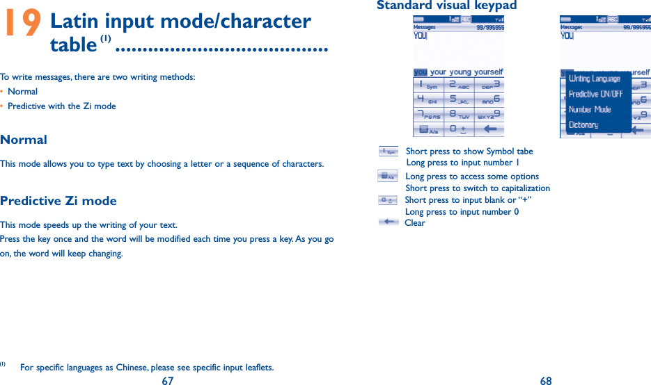 67 6819  Latin input mode/character  table (1) .......................................To write messages, there are two writing methods:• Normal •  Predictive with the Zi modeNormalThis mode allows you to type text by choosing a letter or a sequence of characters.Predictive Zi modeThis mode speeds up the writing of your text.Press the key once and the word will be modified each time you press a key. As you go on, the word will keep changing. (1) For specific languages as Chinese, please see specific input leaflets.Standard visual keypad        Short press to show Symbol tabe  Long press to input number 1 Long press to access some options          Short press to switch to capitalization  Short press to input blank or “+”  Long press to input number 0 Clear 