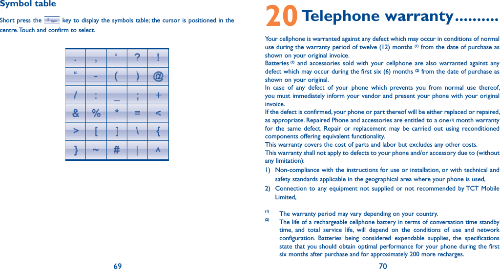 69 70Symbol tableShort press the  key to display the symbols table; the cursor is positioned in the centre. Touch and confirm to select.                  20 Telephone  warranty ..........Your cellphone is warranted against any defect which may occur in conditions of normal use during the warranty period of twelve (12) months (1) from the date of purchase as shown on your original invoice.Batteries (2) and accessories sold with your cellphone are also warranted against any defect which may occur during the first six (6) months (2) from the date of purchase as shown on your original.In case of any defect of your phone which prevents you from normal use thereof, you must immediately inform your vendor and present your phone with your original invoice.If the defect is confirmed, your phone or part thereof will be either replaced or repaired, as appropriate. Repaired Phone and accessories are entitled to a one (1) month warranty for the same defect. Repair or replacement may be carried out using reconditioned components offering equivalent functionality. This warranty covers the cost of parts and labor but excludes any other costs. This warranty shall not apply to defects to your phone and/or accessory due to (without any limitation):1)  Non-compliance with the instructions for use or installation, or with technical and safety standards applicable in the geographical area where your phone is used,2)  Connection to any equipment not supplied or not recommended by TCT Mobile Limited,(1) The warranty period may vary depending on your country.(2) The life of a rechargeable cellphone battery in terms of conversation time standby time, and total service life, will depend on the conditions of use and network configuration. Batteries being considered expendable supplies, the specifications state that you should obtain optimal performance for your phone during the first six months after purchase and for approximately 200 more recharges.