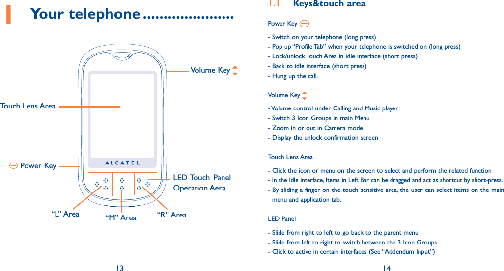 13 141 Your telephone ...................... 1.1 Keys&amp;touch areaPower Key - Switch on your telephone (long press)- Pop up “Profile Tab” when your telephone is switched on (long press)- Lock/unlock Touch Area in idle interface (short press) - Back to idle interface (short press)- Hung up the call.Volume Key - Volume control under Calling and Music player- Switch 3 Icon Groups in main Menu- Zoom in or out in Camera mode- Display the unlock confirmation screenTouch Lens Area-  Click the icon or menu on the screen to select and perform the related function- In the Idle interface, Items in Left Bar can be dragged and act as shortcut by short-press.-  By sliding a finger on the touch sensitive area, the user can select items on the main menu and application tab.LED Panel- Slide from right to left to go back to the parent menu- Slide from left to right to switch between the 3 Icon Groups- Click to active in certain interfaces (See “Addendum Input”)Volume Key Touch Lens Area Power KeyLED Touch  Panel Operation Aera“R” Area“M” Area“L” Area