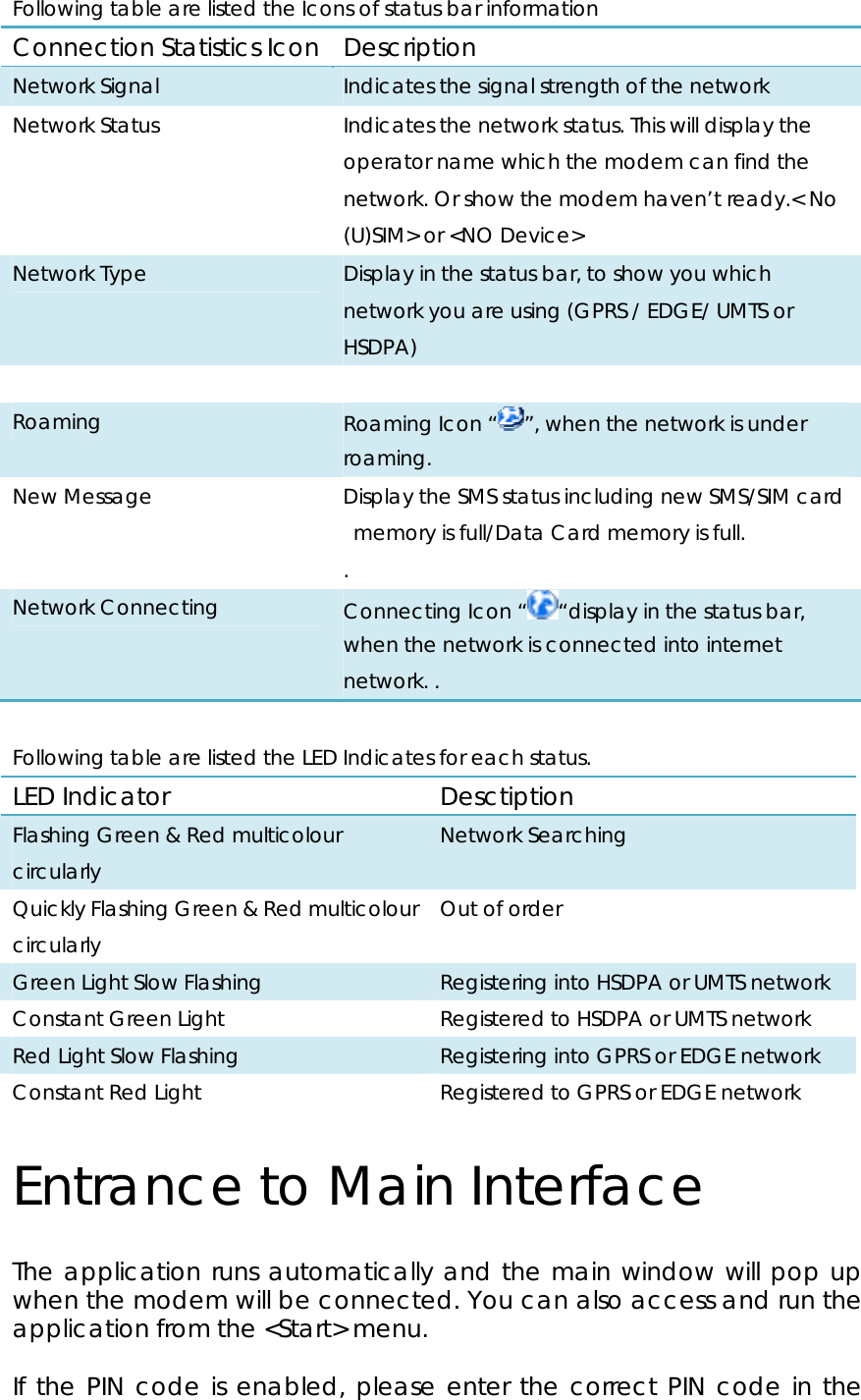 Following table are listed the Icons of status bar information Connection Statistics Icon  Description Network Signal    Indicates the signal strength of the network Network Status      Indicates the network status. This will display the operator name which the modem can find the network. Or show the modem haven’t ready.&lt; No (U)SIM&gt; or &lt;NO Device&gt;     Network Type  Display in the status bar, to show you which network you are using (GPRS / EDGE/ UMTS or HSDPA)   Roaming   Roaming Icon “ ”, when the network is under roaming.  New Message    Display the SMS status including new SMS/SIM card memory is full/Data Card memory is full. . Network Connecting  Connecting Icon “ “display in the status bar, when the network is connected into internet network. .  Following table are listed the LED Indicates for each status. LED Indicator   Desctiption  Flashing Green &amp; Red multicolour circularly Network Searching Quickly Flashing Green &amp; Red multicolour circularly Out of order Green Light Slow Flashing    Registering into HSDPA or UMTS network Constant Green Light      Registered to HSDPA or UMTS network Red Light Slow Flashing    Registering into GPRS or EDGE network Constant Red Light  Registered to GPRS or EDGE network Entrance to Main Interface   The application runs automatically and the main window will pop up when the modem will be connected. You can also access and run the application from the &lt;Start&gt; menu.    If the PIN code is enabled, please enter the correct PIN code in the 