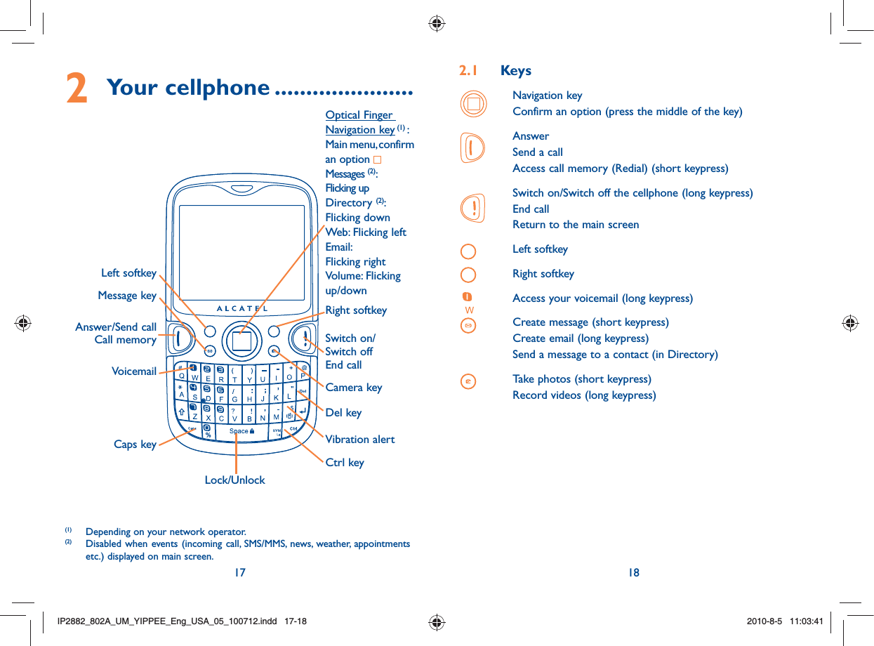 17 182 Your cellphone ......................VoicemailCamera keyLeft softkeyRight softkeyAnswer/Send callCall memoryOptical Finger Navigation key (1) : Main menu, confirm an option Messages (2): Flicking upDirectory (2): Flicking downWeb: Flicking leftEmail: Flicking rightVolume: Flicking up/downCtrl key(1)  Depending on your network operator.(2)  Disabled when events (incoming call, SMS/MMS, news, weather, appointments etc.) displayed on main screen.Caps keyMessage keyLock/UnlockVibration alertDel keySwitch on/Switch offEnd call2.1 Keys Navigation key Confirm an option (press the middle of the key) Answer  Send a call  Access call memory (Redial) (short keypress) Switch on/Switch off the cellphone (long keypress) End call  Return to the main screen  Left softkey Right softkey   Access your voicemail (long keypress) Create message (short keypress)  Create email (long keypress)  Send a message to a contact (in Directory)  Take photos (short keypress)  Record videos (long keypress)IP2882_802A_UM_YIPPEE_Eng_USA_05_100712.indd   17-18IP2882_802A_UM_YIPPEE_Eng_USA_05_100712.indd   17-182010-8-5   11:03:412010-8-5   11:03:41