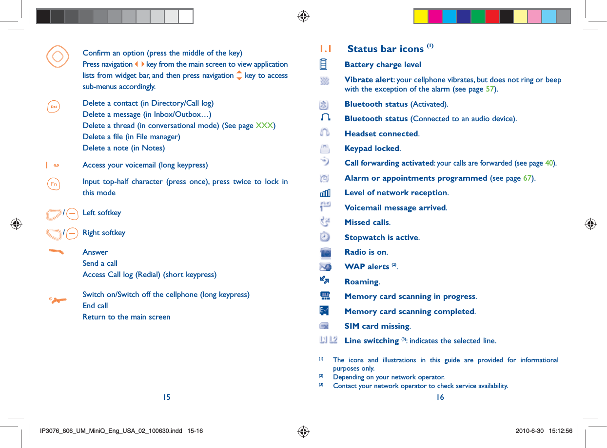 15 16 Confirm an option (press the middle of the key) Press navigation  key from the main screen to view application lists from widget bar, and then press navigation   key to access sub-menus accordingly. Delete a contact (in Directory/Call log)  Delete a message (in Inbox/Outbox…)  Delete a thread (in conversational mode) (See page XXX)  Delete a file (in File manager)  Delete a note (in Notes) Access your voicemail (long keypress) Input top-half character (press once), press twice to lock in this mode/ Left softkey/ Right softkey Answer  Send a call  Access Call log (Redial) (short keypress) Switch on/Switch off the cellphone (long keypress) End call  Return to the main screen 1.1  Status bar icons (1) Battery charge level Vibrate alert: your cellphone vibrates, but does not ring or beep with the exception of the alarm (see page 57). Bluetooth status (Activated).   Bluetooth status (Connected to an audio device). Headset connected. Keypad locked.  Call forwarding activated: your calls are forwarded (see page 40). Alarm or appointments programmed (see page 67). Level of network reception.  Voicemail message arrived.  Missed calls.  Stopwatch is active.  Radio is on. WAP alerts (2). Roaming.  Memory card scanning in progress. Memory card scanning completed. SIM card missing. Line switching (3): indicates the selected line.(1)  The icons and illustrations in this guide are provided for informational purposes only.(2)  Depending on your network operator.(3)  Contact your network operator to check service availability.IP3076_606_UM_MiniQ_Eng_USA_02_100630.indd   15-16IP3076_606_UM_MiniQ_Eng_USA_02_100630.indd   15-162010-6-30   15:12:562010-6-30   15:12:56