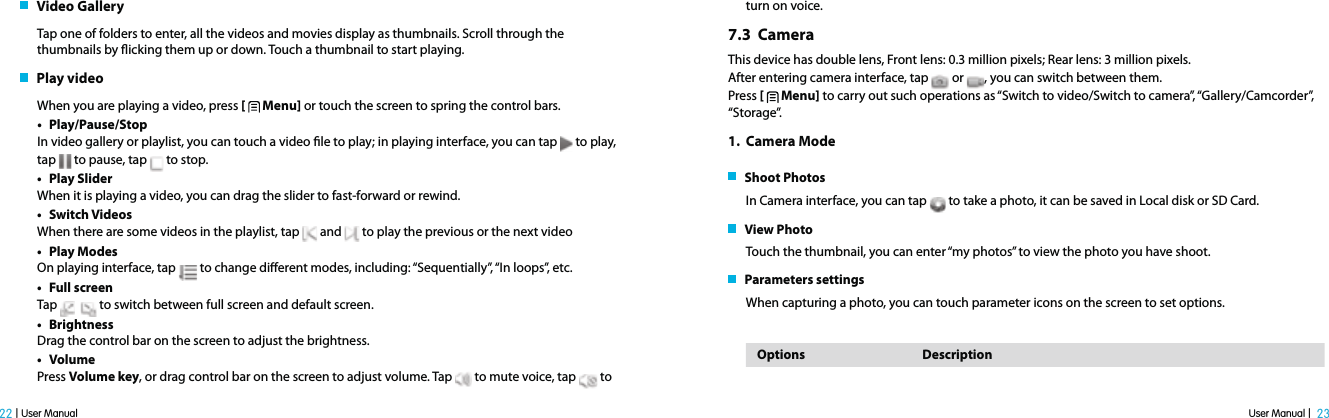 User Manual |  23 22 | User Manual   Video GalleryTap one of folders to enter, all the videos and movies display as thumbnails. Scroll through the thumbnails by icking them up or down. Touch a thumbnail to start playing.    Play videoWhen you are playing a video, press [   Menu] or touch the screen to spring the control bars.t Play/Pause/StopIn video gallery or playlist, you can touch a video le to play; in playing interface, you can tap   to play, tap   to pause, tap   to stop.t Play SliderWhen it is playing a video, you can drag the slider to fast-forward or rewind.t Switch VideosWhen there are some videos in the playlist, tap   and   to play the previous or the next videot Play ModesOn playing interface, tap   to change dierent modes, including: “Sequentially”, “In loops”, etc.t Full screenTap      to switch between full screen and default screen.t BrightnessDrag the control bar on the screen to adjust the brightness.t VolumePress Volume key, or drag control bar on the screen to adjust volume. Tap   to mute voice, tap   to turn on voice.7.3  CameraThis device has double lens, Front lens: 0.3 million pixels; Rear lens: 3 million pixels.After entering camera interface, tap  or , you can switch between them.Press [   Menu] to carry out such operations as “Switch to video/Switch to camera”, “Gallery/Camcorder”, “Storage”.1.  Camera Mode   Shoot PhotosIn Camera interface, you can tap  to take a photo, it can be saved in Local disk or SD Card.   View PhotoTouch the thumbnail, you can enter “my photos” to view the photo you have shoot.   Parameters settingsWhen capturing a photo, you can touch parameter icons on the screen to set options. Options Description