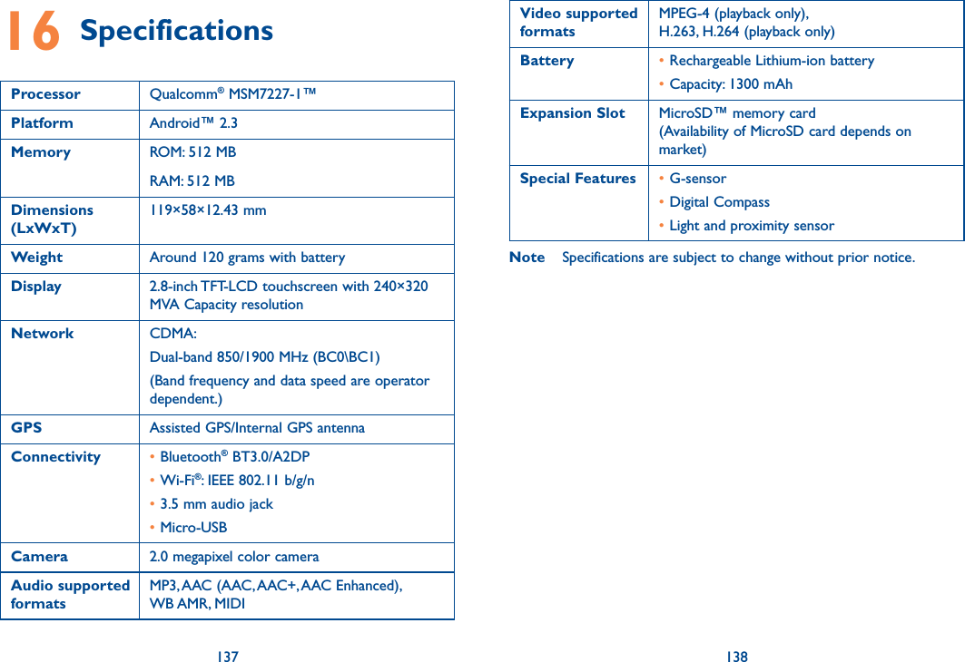 137 13816 SpecificationsProcessor Qualcomm® MSM7227-1™Platform Android™ 2.3Memory ROM: 512 MBRAM: 512 MBDimensions (LxWxT)119×58×12.43 mmWeight Around 120 grams with batteryDisplay 2.8-inch TFT-LCD touchscreen with 240×320 MVA Capacity resolutionNetwork CDMA: Dual-band 850/1900 MHz (BC0\BC1)(Band frequency and data speed are operator dependent.)GPS Assisted GPS/Internal GPS antennaConnectivity •Bluetooth® BT3.0/A2DP•Wi-Fi®: IEEE 802.11 b/g/n•3.5 mm audio jack•Micro-USBCamera 2.0 megapixel color cameraAudio supported formatsMP3, AAC (AAC, AAC+, AAC Enhanced),  WB AMR, MIDIVideo supported formatsMPEG-4 (playback only),  H.263, H.264 (playback only)Battery • Rechargeable Lithium-ion battery•Capacity: 1300 mAhExpansion Slot MicroSD™ memory card  (Availability of MicroSD card depends on market)Special Features • G-sensor•Digital Compass•Light and proximity sensorNote  Specifications are subject to change without prior notice.