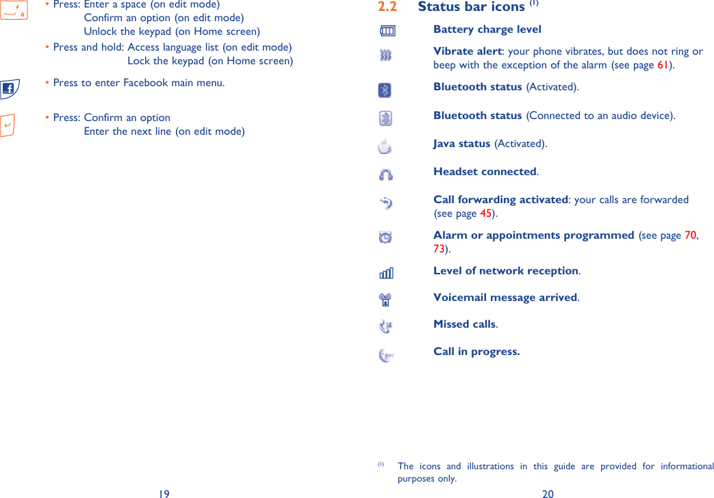 19 20Press:  Enter a space (on edit mode)• Confirm an option (on edit mode)Unlock the keypad (on Home screen)Press and hold:  Access language list (on edit mode)• Lock the keypad (on Home screen)Press to enter Facebook main menu. • Press:  Confirm an option• Enter the next line (on edit mode)2.2  Status bar icons (1)Battery charge levelVibrate alert: your phone vibrates, but does not ring or beep with the exception of the alarm (see page 61).Bluetooth status (Activated). Bluetooth status (Connected to an audio device).Java status (Activated).Headset connected. Call forwarding activated: your calls are forwarded (see page 45). Alarm or appointments programmed (see page 70, 73).Level of network reception. Voicemail message arrived. Missed calls. Call in progress.(1)  The icons and illustrations in this guide are provided for informational purposes only.