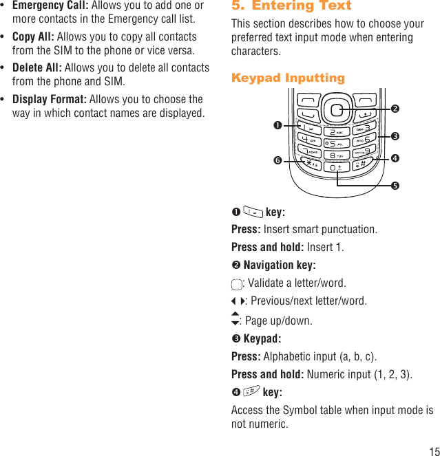 15Emergency Call:•   Allows you to add one or more contacts in the Emergency call list.Copy All: •  Allows you to copy all contacts from the SIM to the phone or vice versa.Delete All: •  Allows you to delete all contacts from the phone and SIM.Display Format:•   Allows you to choose the way in which contact names are displayed.Entering Text5. This section describes how to choose your preferred text input mode when entering characters.Keypad Inputting   key:Press: Insert smart punctuation.Press and hold: Insert 1.  Navigation key:: Validate a letter/word.: Previous/next letter/word. : Page up/down. Keypad:Press: Alphabetic input (a, b, c).Press and hold: Numeric input (1, 2, 3).  key:Access the Symbol table when input mode is not numeric.