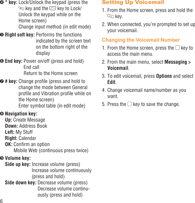 6 * key:  Lock/Unlock the keypad (press the  key and the   key to Lock/Unlock the keypad while on the Home screen)Change input method (in edit mode) Right soft key:  Performs the functions indicated by the screen text on the bottom right of the display End key:  Power on/off (press and hold)End callReturn to the Home screen # key:  Change proﬁle (press and hold to change the mode between General proﬁle and Vibration proﬁle while on the Home screen)Enter symbol table (in edit mode) Navigation key:Up: Create MessageDown: Address BookLeft: My StuffRight: CalendarOK:  Conﬁrm an optionMobile Web (continuous press twice) Volume key:Side up key:  Increase volume (press)Increase volume continuously (press and hold)  Side down key:  Decrease volume (press)Decrease volume continu-ously (press and hold)Setting Up Voicemail1. From the Home screen, press and hold the  key.2. When connected, you’re prompted to set up your voicemail.Changing the Voicemail Number1. From the Home screen, press the   key to access the main menu.2. From the main menu, select Messaging &gt; Voicemail.3. To edit voicemail, press Options and select Edit.4. Change voicemail name/number as you want.5. Press the   key to save the change.