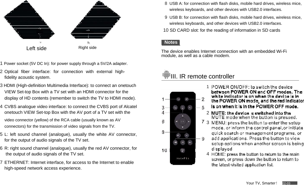                Left side Right side  1 Power socket (5V DC In): for power supply through a 5V/2A adapter.  2 Optical fiber interface: for connection with external high-fidelity acoustic system.   3 HDMI (High-definition Multimedia Interface): to connect an onetouch VIEW Set-top Box with a TV set with an HDMI connector for the display of HD contents (remember to switch the TV to HDMI mode).  4 CVBS analogue video interface: to connect the CVBS port of Alcatel onetouch VIEW Set-top Box with the AV port of a TV set with the   video connector (yellow) of the RCA cable (usually known as AV connectors) for the transmission of video signals from the TV.  5 L: left sound channel (analogue), usually the white AV connector, for the output of audio signals of the TV set.   6 R: right sound channel (analogue), usually the red AV connector, for the output of audio signals of the TV set.   7 ETHERNET: Internet interface, for access to the Internet to enable high-speed network access experience.           8  USB A: for connection with flash disks, mobile hard drives, wireless mice, wireless keyboards, and other devices with USB2.0 interfaces.   9  USB B: for connection with flash disks, mobile hard drives, wireless mice, wireless keyboards, and other devices with USB2.0 interfaces.   10 SD CARD slot: for the reading of information in SD cards  Notes  The device enables Internet connection with an embedded Wi-Fi module, as well as a cable modem.  III. IR remote controller  1    2  3     4    Your TV, Smarter！   02-03 