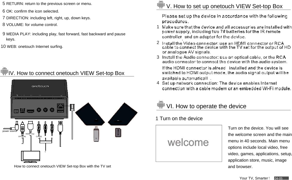         5 RETURN: return to the previous screen or menu.  6 OK: confirm the icon selected.  7 DIRECTION: including left, right, up, down keys.  8 VOLUME: for volume control.  9 MEDIA PLAY: including play, fast forward, fast backward and pause keys.  10 WEB: onetouch Internet surfing.   IV. How to connect onetouch VIEW Set-top Box         power source  HDMI  Out  OPTICAL CVBSLR                                          How to connect onetouch VIEW Set-top Box with the TV set          V. How to set up onetouch VIEW Set-top Box   1  2  3    4    VI. How to operate the device  1 Turn on the device  Turn on the device. You will see the welcome screen and the main menu in 40 seconds. Main menu options include local video, free video, games, applications, setup, application store, music, image and browser.  Your TV, Smarter！   04-05 