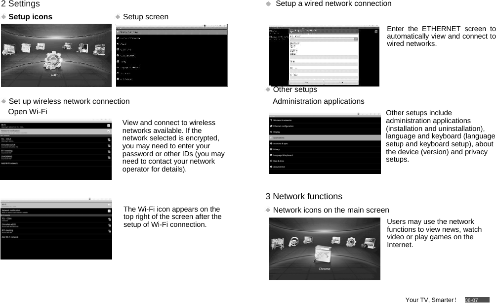         2 Settings   Setup icons                               Setup screen         Set up wireless network connection Open Wi-Fi  View and connect to wireless networks available. If the network selected is encrypted, you may need to enter your password or other IDs (you may need to contact your network operator for details).    The Wi-Fi icon appears on the top right of the screen after the setup of Wi-Fi connection.         Setup a wired network connection  Enter the ETHERNET screen to automatically view and connect to wired networks.     Other setups  Administration applications  Other setups include administration applications (installation and uninstallation), language and keyboard (language setup and keyboard setup), about the device (version) and privacy setups.   3 Network functions   Network icons on the main screen  Users may use the network functions to view news, watch video or play games on the Internet.     Your TV, Smarter！   06-07 