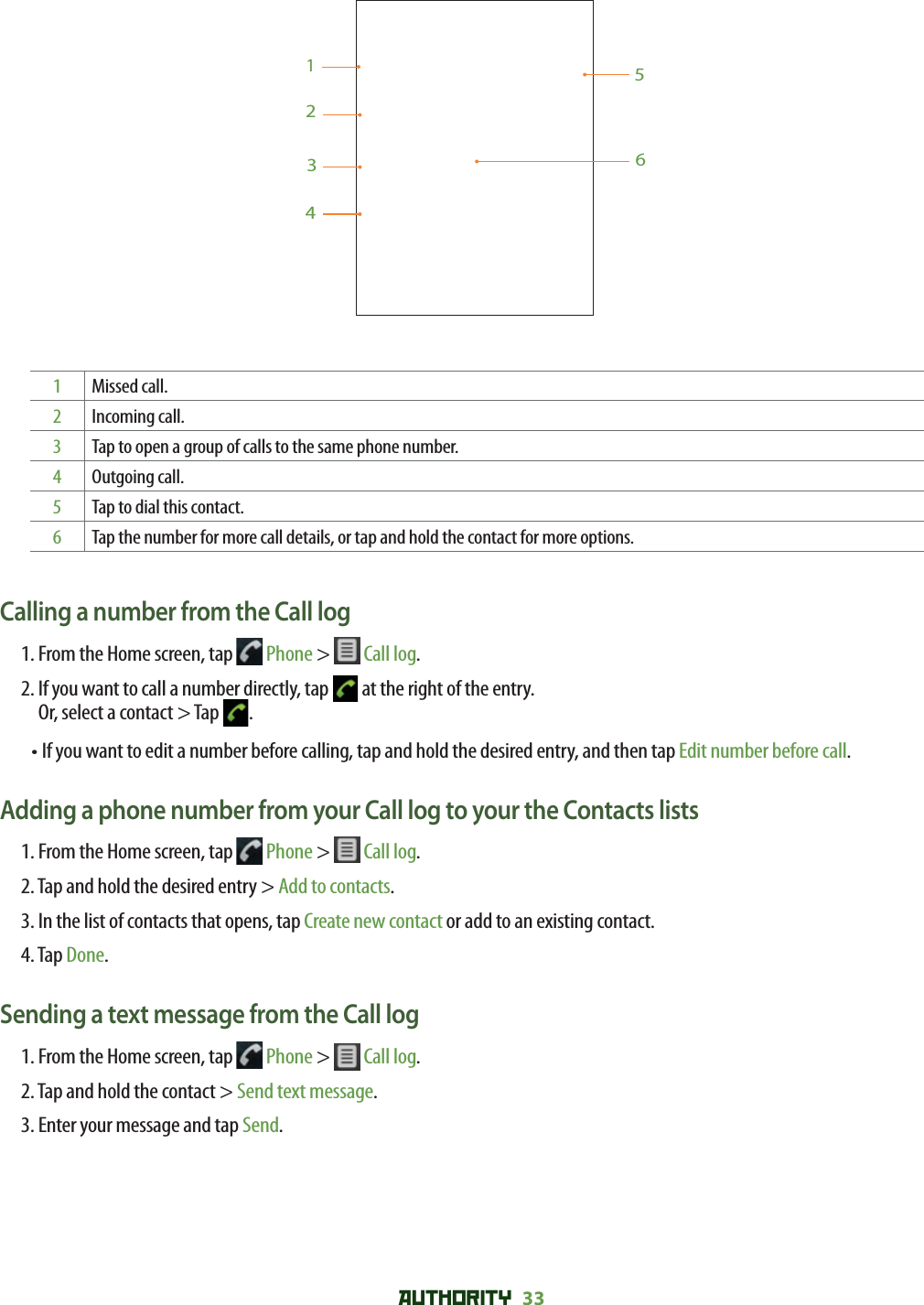 AUTHORITY 33 1234561Missed call.2Incoming call.3Tap to open a group of calls to the same phone number.4Outgoing call.5Tap to dial this contact.6Tap the number for more call details, or tap and hold the contact for more options.Calling a number from the Call log1. From the Home screen, tap   Phone &gt;   Call log. 2.  If you want to call a number directly, tap   at the right of the entry.Or, select a contact &gt; Tap  .•  If you want to edit a number before calling, tap and hold the desired entry, and then tap Edit number before call.Adding a phone number from your Call log to your the Contacts lists1. From the Home screen, tap   Phone &gt;   Call log.2. Tap and hold the desired entry &gt; Add to contacts.3. In the list of contacts that opens, tap Create new contact or add to an existing contact.4. Tap Done.Sending a text message from the Call log1. From the Home screen, tap   Phone &gt;   Call log.2. Tap and hold the contact &gt; Send text message.3. Enter your message and tap Send.