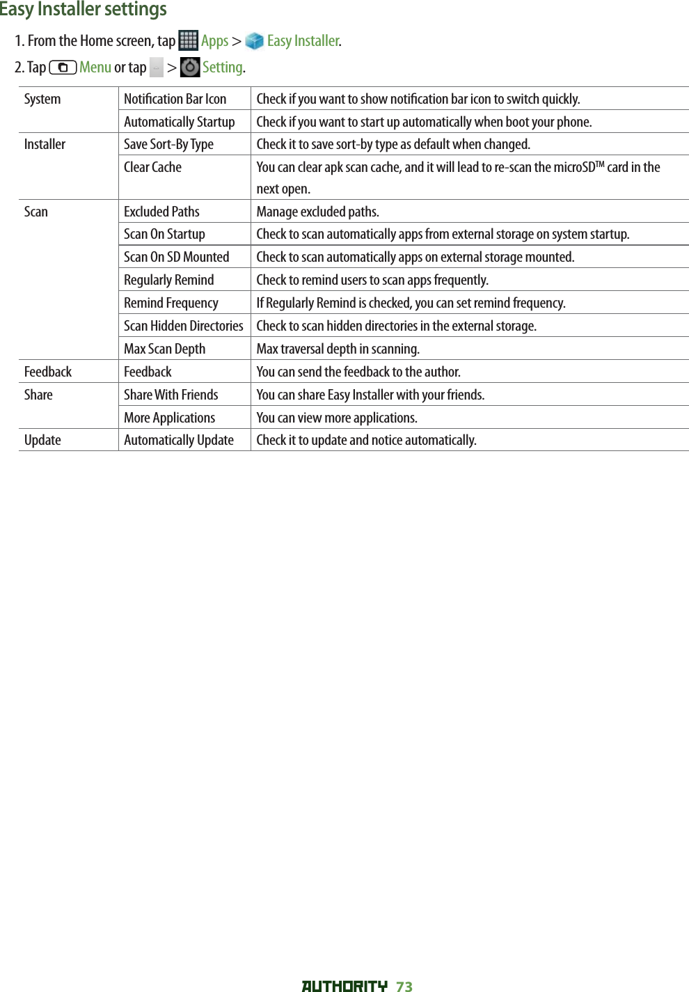 AUTHORITY 73 Easy Installer settings1. From the Home screen, tap   Apps &gt;   Easy Installer.2. Tap   Menu or tap   &gt;   Setting.System Noti cation Bar Icon Check if you want to show noti cation bar icon to switch quickly. Automatically Startup Check if you want to start up automatically when boot your phone.Installer Save Sort-By Type Check it to save sort-by type as default when changed.Clear Cache You can clear apk scan cache, and it will lead to re-scan the microSDTM card in the next open.Scan Excluded Paths Manage excluded paths.Scan On Startup Check to scan automatically apps from external storage on system startup. Scan On SD Mounted Check to scan automatically apps on external storage mounted. Regularly Remind Check to remind users to scan apps frequently.Remind Frequency If Regularly Remind is checked, you can set remind frequency.Scan Hidden Directories Check to scan hidden directories in the external storage.Max Scan Depth Max traversal depth in scanning. Feedback Feedback You can send the feedback to the author.Share Share With Friends You can share Easy Installer with your friends.More Applications You can view more applications.Update Automatically Update Check it to update and notice automatically. 