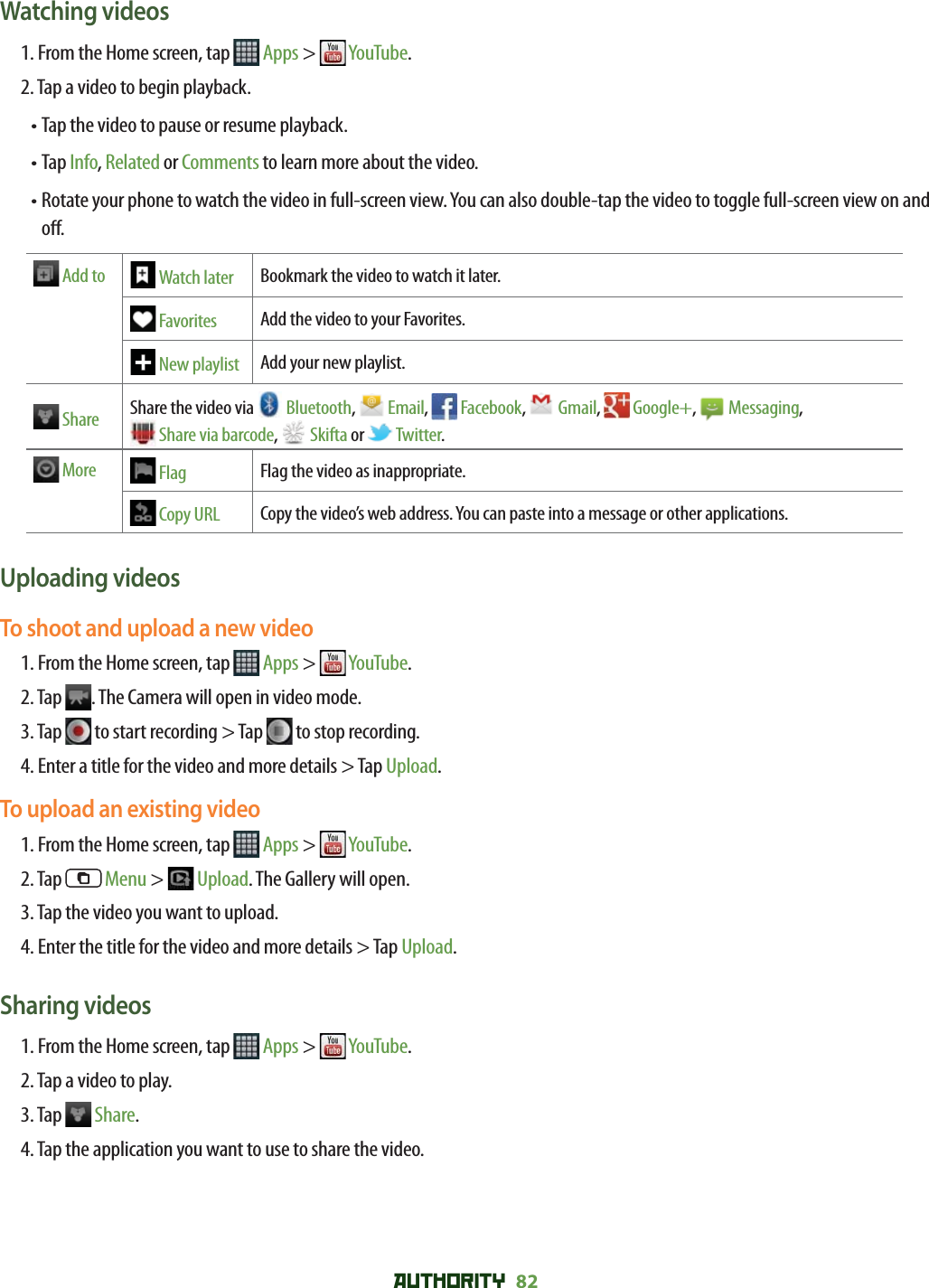 AUTHORITY 82 Watching videos1. From the Home screen, tap   Apps &gt;   YouTube.2. Tap a video to begin playback.•  Tap the video to pause or resume playback.•  Tap Info, Related or Comments to learn more about the video.•  Rotate your phone to watch the video in full-screen view. You can also double-tap the video to toggle full-screen view on and o . Add to  Watch later Bookmark the video to watch it later.  Favorites Add the video to your Favorites.  New playlist Add your new playlist.  Share Share the video via   Bluetooth,   Email,   Facebook,   Gmail,   Google+,   Messaging, Share via barcode,   Skifta or   Twitter.  More  Flag Flag the video as inappropriate. Copy URL Copy the video’s web address. You can paste into a message or other applications.Uploading videosTo shoot and upload a new video1. From the Home screen, tap   Apps &gt;   YouTube.2. Tap  . The Camera will open in video mode.3. Tap   to start recording &gt; Tap   to stop recording.4. Enter a title for the video and more details &gt; Tap Upload.To upload an existing video1. From the Home screen, tap   Apps &gt;   YouTube.2. Tap   Menu &gt;   Upload. The Gallery will open.3. Tap the video you want to upload.4. Enter the title for the video and more details &gt; Tap Upload.Sharing videos1. From the Home screen, tap   Apps &gt;   YouTube.2. Tap a video to play.3. Tap   Share.4. Tap the application you want to use to share the video.