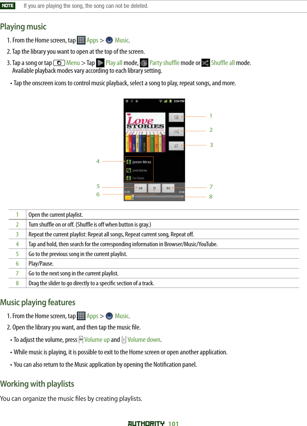 AUTHORITY 101 NOTE    If you are playing the song, the song can not be deleted.Playing music1. From the Home screen, tap   Apps &gt;  Music.2. Tap the library you want to open at the top of the screen.3.  Tap a song or tap   Menu &gt; Tap   Play all mode,   Party shu  e mode or   Shu  e all mode. Available playback modes vary according to each library setting.• Tap the onscreen icons to control music playback, select a song to play, repeat songs, and more.645871231Open the current playlist.2Turn shu  e on or o . (Shu  e is o  when button is gray.)3Repeat the current playlist: Repeat all songs, Repeat current song, Repeat o .4Tap and hold, then search for the corresponding information in Browser/Music/YouTube.5Go to the previous song in the current playlist.6Play/Pause.7Go to the next song in the current playlist.8Drag the slider to go directly to a speci c section of a track.Music playing features1. From the Home screen, tap   Apps &gt;  Music.2. Open the library you want, and then tap the music  le.•  To adjust the volume, press   Volume up and   Volume down. •  While music is playing, it is possible to exit to the Home screen or open another application.•  You can also return to the Music application by opening the Noti cation panel.Working with playlistsYou can organize the music  les by creating playlists.