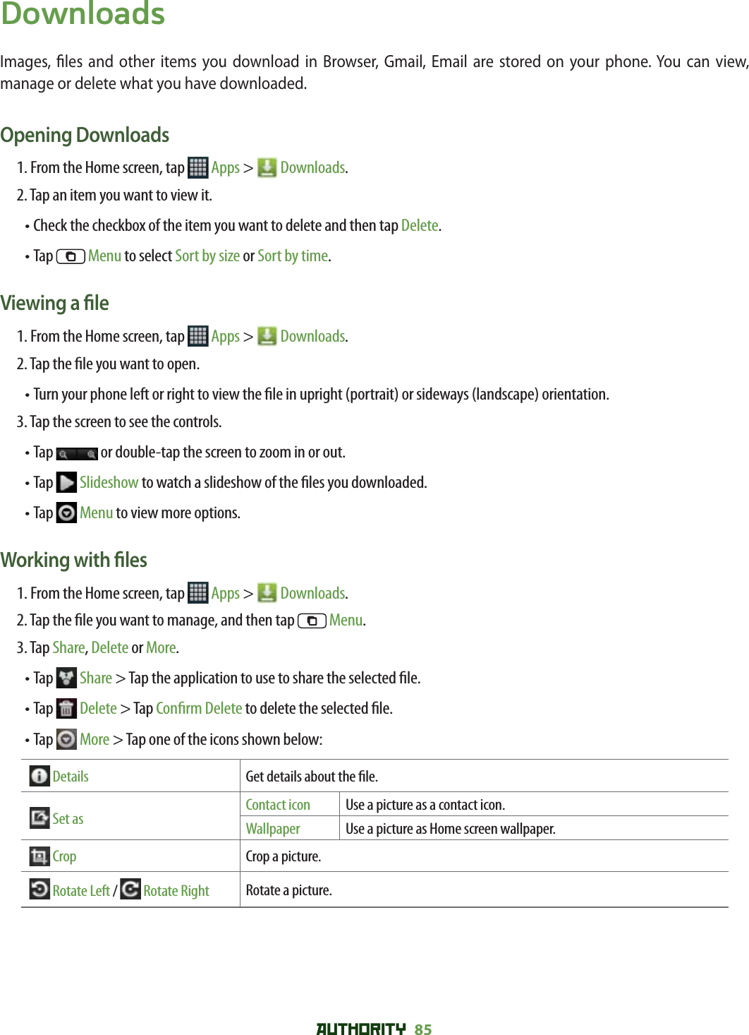 AUTHORITY 85 DownloadsImages,  les and other items you download in Browser, Gmail, Email are stored on your phone. You can view, manage or delete what you have downloaded.Opening Downloads1. From the Home screen, tap   Apps &gt;   Downloads.2. Tap an item you want to view it.• Check the checkbox of the item you want to delete and then tap Delete.• Tap   Menu to select Sort by size or Sort by time.Viewing a  le1. From the Home screen, tap   Apps &gt;   Downloads.2. Tap the  le you want to open.•  Turn your phone left or right to view the  le in upright (portrait) or sideways (landscape) orientation. 3. Tap the screen to see the controls.•  Tap   or double-tap the screen to zoom in or out.•  Tap   Slideshow to watch a slideshow of the  les you downloaded.•  Tap   Menu to view more options.Working with  les1. From the Home screen, tap   Apps &gt;   Downloads.2. Tap the  le you want to manage, and then tap   Menu.3. Tap Share, Delete or More.•  Tap   Share &gt; Tap the application to use to share the selected  le.•  Tap   Delete &gt; Tap Con rm Delete to delete the selected  le.•  Tap   More &gt; Tap one of the icons shown below:  Details Get details about the  le.  Set as Contact icon Use a picture as a contact icon.Wallpaper Use a picture as Home screen wallpaper.  Crop Crop a picture.  Rotate Left /  Rotate Right Rotate a picture.