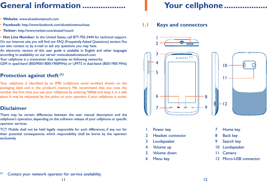 11 12General information ...................• Website: www.alcatelonetouch.com• Facebook: http://www.facebook.com/alcatelonetouchusa• Twitter: http://www.twitter.com/alcatel1touch• Hot Line Number: In the United States, call 877-702-3444 for technical support.On our Internet site, you will find our FAQ (Frequently Asked Questions) section. You can also contact us by e-mail to ask any questions you may have. An  electronic  version  of  this  user  guide  is  available  in  English  and  other  languages according to availability on our server: www.alcatelonetouch.comYour cellphone is a transceiver that operates on following networks:GSM in quad-band (850/900/1800/1900MHz) or UMTS in dual-band (850/1900 MHz)Protection against theft (1)Your  cellphone  is  identified  by  an  IMEI  (cellphone  serial  number)  shown  on  the packaging  label  and  in  the  product’s  memory. We  recommend  that  you  note  the number the first time you use your cellphone by entering *#06# and keep it in a safe place. It may be requested by the police or your operator if your cellphone is stolen.DisclaimerThere  may  be  certain  differences  between  the  user  manual  description  and  the cellphone&apos;s operation, depending on the software release of your cellphone or specific operator services.TCT Mobile shall not be held legally responsible for such differences, if any, nor for their  potential  consequences,  which  responsibility  shall  be  borne  by  the  operator exclusively.(1)  Contact your network operator for service availability.1  Your cellphone ...................1.1  Keys and connectors1234567891011121 Power key 7 Home key2 Headset connector 8 Back key3 Loudspeaker 9 Search key4 Volume up 10 Loudspeaker5 Volume down 11 Camera6 Menu key 12 Micro-USB connector