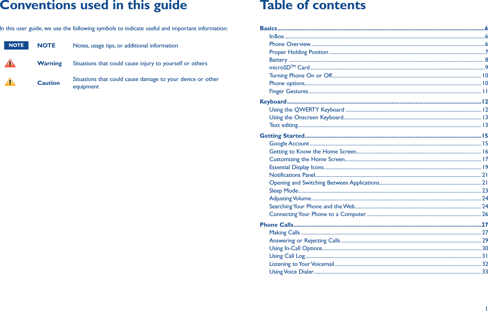 1Table of contentsBasics .................................................................................................................................6In Box ............................................................................................................................................................ 6Phone Overview .......................................................................................................................................6Proper Holding Position .........................................................................................................................7Battery ....................................................................................................................................................... 8microSDTM Card ........................................................................................................................................9Turning Phone On or Off .................................................................................................................... 10Phone options ......................................................................................................................................... 10Finger Gestures ...................................................................................................................................... 11Keyboard .........................................................................................................................12Using the QWERTY Keyboard ......................................................................................................... 12Using the Onscreen Keyboard........................................................................................................... 13Text editing .............................................................................................................................................. 13Getting Started ..............................................................................................................15Google Account ..................................................................................................................................... 15Getting to Know the Home Screen ................................................................................................. 16Customizing the Home Screen.......................................................................................................... 17Essential Display Icons .......................................................................................................................... 19Notifications Panel................................................................................................................................. 21Opening and Switching Between Applications............................................................................... 21Sleep Mode .............................................................................................................................................. 23Adjusting Volume .................................................................................................................................... 24Searching Your Phone and the Web .................................................................................................. 24Connecting Your Phone to a Computer ......................................................................................... 26Phone Calls .....................................................................................................................27Making Calls ............................................................................................................................................ 27Answering or Rejecting Calls ............................................................................................................. 29Using In-Call Options ........................................................................................................................... 30Using Call Log ......................................................................................................................................... 31Listening  to Your Voicemail .................................................................................................................. 32Using Voice  Dialer .................................................................................................................................. 33Conventions used in this guideIn this user guide, we use the following symbols to indicate useful and important information:NOTE NOTE Notes, usage tips, or additional informationWarning Situations that could cause injury to yourself or othersCaution Situations that could cause damage to your device or other   equipment