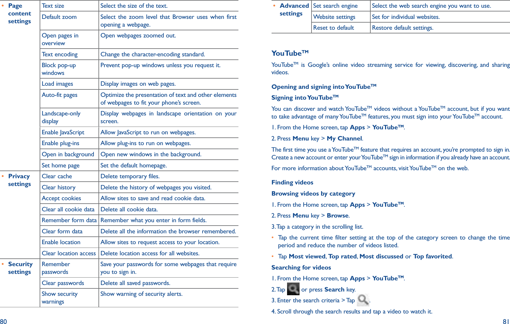 80 81r Page content settingsText size Select the size of the text.Default zoom Select the zoom level that Browser uses when first opening a webpage.Open pages in overviewOpen webpages zoomed out.Text encoding Change the character-encoding standard.Block pop-up windowsPrevent pop-up windows unless you request it.Load images Display images on web pages.Auto-fit pages Optimize the presentation of text and other elements of webpages to fit your phone’s screen.Landscape-only displayDisplay webpages in landscape orientation on your screen.Enable JavaScript Allow JavaScript to run on webpages.Enable plug-ins Allow plug-ins to run on webpages.Open in background Open new windows in the background.Set home page Set the default homepage.r Privacy settingsClear cache  Delete temporary files.Clear history Delete the history of webpages you visited.Accept cookies Allow sites to save and read cookie data.Clear all cookie data Delete all cookie data.Remember form data Remember what you enter in form fields.Clear form data Delete all the information the browser remembered.Enable location Allow sites to request access to your location.Clear location access Delete location access for all websites.r Security settingsRemember passwordsSave your passwords for some webpages that require you to sign in.Clear passwords Delete all saved passwords.Show security warningsShow warning of security alerts.r Advanced settingsSet search engine Select the web search engine you want to use.Website settings Set for individual websites.Reset to default Restore default settings.YouTubeTMYouTubeTM is Google’s online video streaming service for viewing, discovering, and sharing videos.Opening and signing into YouTubeTMSigning into YouTubeTMYou can discover and watch YouTubeTM videos without a YouTubeTM account, but if you want to take advantage of many YouTubeTM features, you must sign into your YouTubeTM account.1. From the Home screen, tap Apps &gt; YouTubeTM.2. Press Menu key &gt; My Channel.The first time you use a YouTubeTM feature that requires an account, you’re prompted to sign in. Create a new account or enter your YouTubeTM sign in information if you already have an account.For more information about YouTubeTM accounts, visit YouTubeTM on the web.Finding videosBrowsing videos by category1. From the Home screen, tap Apps &gt; YouTubeTM.2. Press Menu key &gt; Browse.3. Tap a category in the scrolling list.r  Tap the current time filter setting at the top of the category screen to change the time period and reduce the number of videos listed. r Tap   Most viewed,  Top rated,  Most discussed or Top favorited.Searching for videos1. From the Home screen, tap Apps &gt; YouTubeTM.2. Tap   or press Search key.3. Enter the search criteria &gt; Tap  .4. Scroll through the search results and tap a video to watch it.