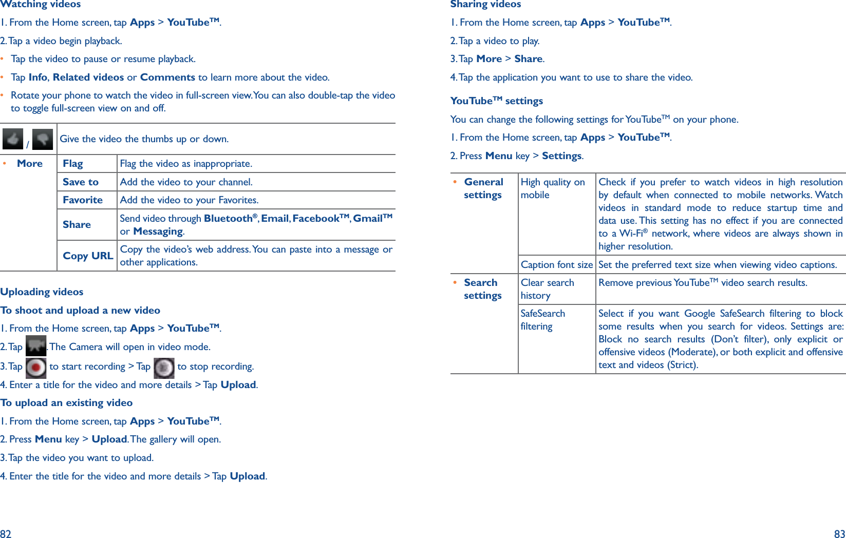 82 83Watching videos1. From the Home screen, tap Apps &gt; YouTubeTM.2. Tap a video begin playback.r  Tap the video to pause or resume playback.r  Tap   Info, Related videos or Comments to learn more about the video.r  Rotate your phone to watch the video in full-screen view. You can also double-tap the video to toggle full-screen view on and off. /   Give the video the thumbs up or down.r  More  Flag Flag the video as inappropriate. Save to Add the video to your channel. Favorite Add the video to your Favorites.  Share Send video through Bluetooth®, Email, FacebookTM, GmailTM or Messaging. Copy URL Copy the video’s web address. You can paste into a message or other applications.Uploading videosTo shoot and upload a new video1. From the Home screen, tap Apps &gt; YouTubeTM.2. Tap  . The Camera will open in video mode.3. Tap   to start recording &gt; Tap   to stop recording.4. Enter a title for the video and more details &gt; Tap Upload.To upload an existing video1. From the Home screen, tap Apps &gt; YouTubeTM.2. Press Menu key &gt; Upload. The gallery will open.3. Tap the video you want to upload.4. Enter the title for the video and more details &gt; Tap Upload.Sharing videos1. From the Home screen, tap Apps &gt; YouTubeTM.2. Tap a video to play.3. Tap  More &gt; Share.4. Tap the application you want to use to share the video.YouTubeTM settingsYou can change the following settings for YouTubeTM on your phone.1. From the Home screen, tap Apps &gt; YouTubeTM.2. Press Menu key &gt; Settings. r General settingsHigh quality on mobileCheck if you prefer to watch videos in high resolution by default when connected to mobile networks. Watch videos in standard mode to reduce startup time and data use. This setting has no effect if you are connected to a Wi-Fi® network, where videos are always shown in higher resolution.Caption font size Set the preferred text size when viewing video captions.r Search settingsClear search historyRemove previous YouTubeTM video search results.SafeSearch filteringSelect if you want Google SafeSearch filtering to block some results when you search for videos. Settings are: Block no search results (Don’t filter), only explicit or offensive videos (Moderate), or both explicit and offensive text and videos (Strict).