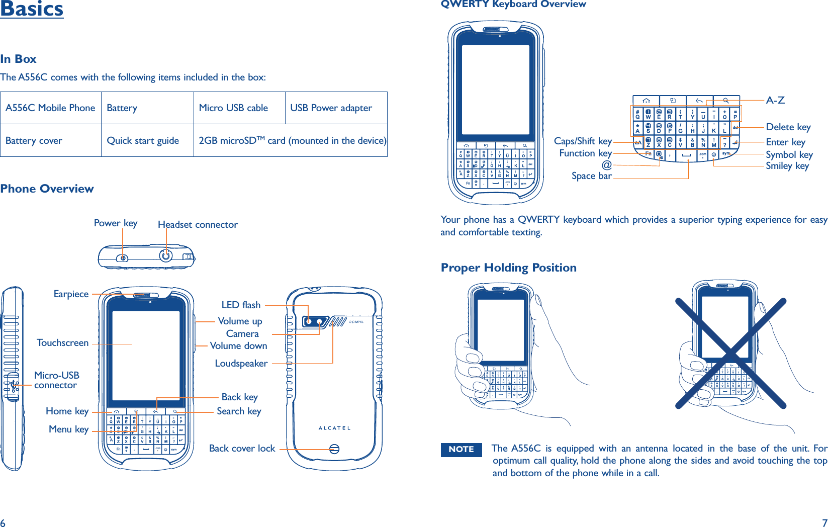 6 7BasicsIn BoxThe A556C comes with the following items included in the box:A556C Mobile Phone Battery Micro USB cable USB Power adapterBattery cover Quick start guide 2GB microSDTM card (mounted in the device)Phone OverviewHeadset connectorPower keyBack keyTouchscreenSearch keyMenu keyHome keyBack cover lockLoudspeakerCameraLED flashEarpieceMicro-USB connectorVolume upVolume downQWERTY Keyboard OverviewCaps/Shift keyFunction keySpace bar@A-ZDelete keyEnter keySymbol keySmiley keyYour phone has a QWERTY keyboard which provides a superior typing experience for easy and comfortable texting. Proper Holding PositionNOTE The A556C is equipped with an antenna located in the base of the unit. For optimum call quality, hold the phone along the sides and avoid touching the top and bottom of the phone while in a call.