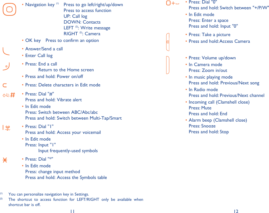 11 12Navigation key •  (1)  Press to go left/right/up/downPress to access functionUP: Call logDOWN: ContactsLEFT (2): Write message RIGHT (2): CameraOK key  Press to confirm an option• Answer/Send a call• Enter Call log• Press:  End a call • Return to the Home screenPress and hold: Power on/off• Press: Delete characters in Edit mode• Press: Dial &quot;#&quot;• Press and hold: Vibrate alertIn Edit mode• Press: Switch between ABC/Abc/abcPress and hold: Switch between Multi-Tap/SmartPress: Dial &quot;1&quot;• Press and hold: Access your voicemailIn Edit mode• Press:  Input &quot;1&quot; Input frequently-used symbolsPress: Dial &quot;*&quot;• In Edit mode• Press: change input method Press and hold: Access the Symbols table Press: Dial &quot;0&quot;• Press and hold: Switch between &quot;+/P/W&quot;In Edit mode• Press: Enter a spacePress and hold: Input &quot;0&quot;Press: Take a picture• Press and hold: Access Camera• Press: Volume up/down• In Camera mode• Press: Zoom in/outIn music playing mode• Press and hold: Previous/Next songIn Radio mode• Press and hold: Previous/Next channelIncoming call (Clamshell close)• Press: MutePress and hold: EndAlarm beep (Clamshell close)• Press: SnoozePress and hold: Stop(1)  You can personalize navigation key in Settings.(2)  The shortcut to access function for LEFT/RIGHT only be available when shortcut bar is off.