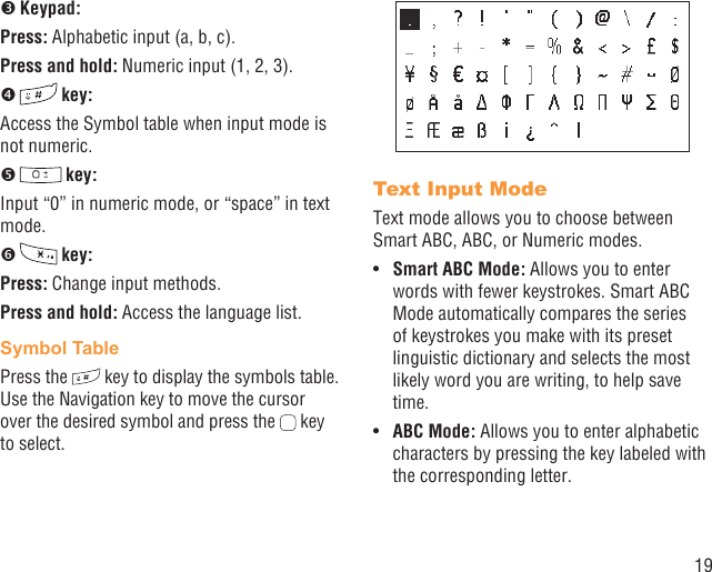 19 Keypad:Press: Alphabetic input (a, b, c).Press and hold: Numeric input (1, 2, 3).  key:Access the Symbol table when input mode is not numeric.   key:Input “0” in numeric mode, or “space” in text mode.   key:Press: Change input methods.Press and hold: Access the language list. Symbol TablePress the   key to display the symbols table. Use the Navigation key to move the cursor over the desired symbol and press the   key to select.Text Input Mode Text mode allows you to choose between Smart ABC, ABC, or Numeric modes.Smart ABC Mode:•   Allows you to enter words with fewer keystrokes. Smart ABC Mode automatically compares the series of keystrokes you make with its preset linguistic dictionary and selects the most likely word you are writing, to help save time.ABC Mode:•   Allows you to enter alphabetic characters by pressing the key labeled with the corresponding letter.