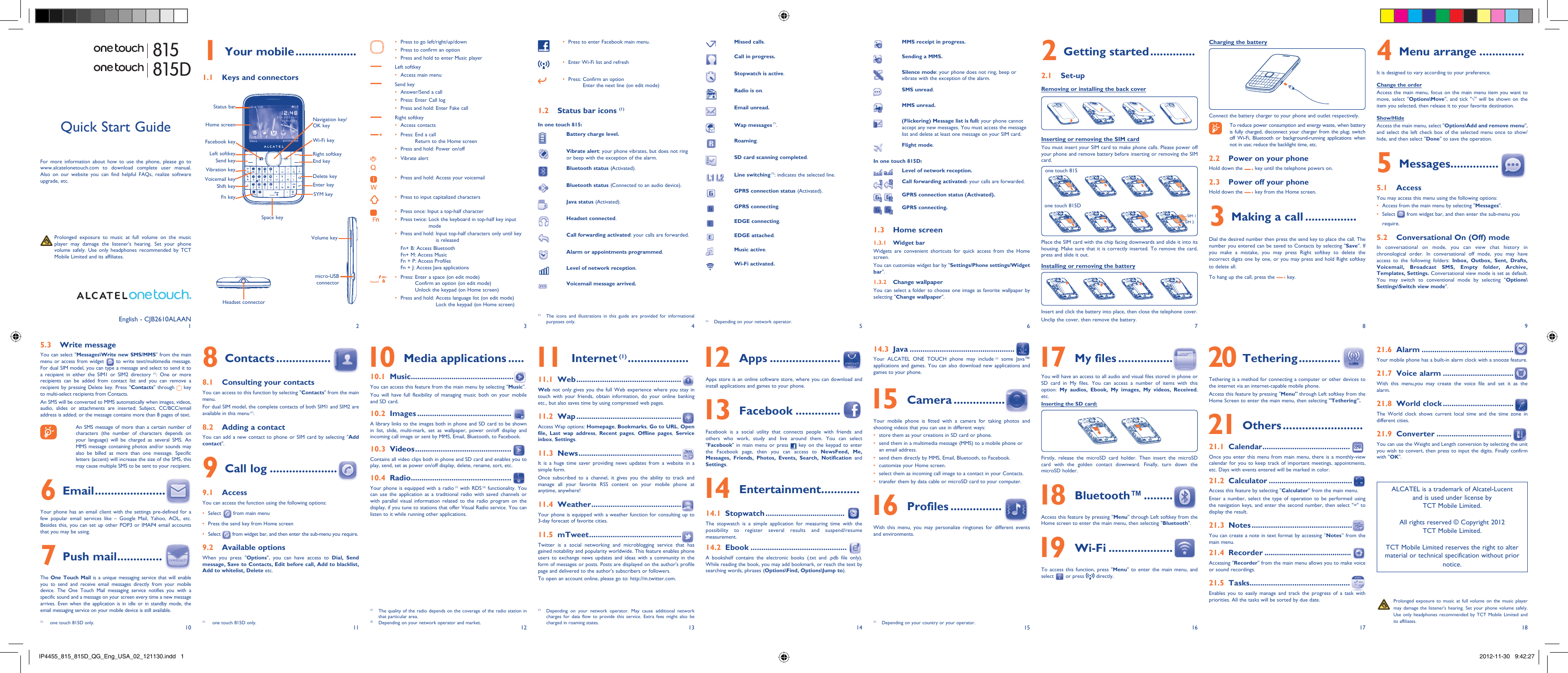 Page 1 of TCT Mobile 309 GSM/EGPRS Quadband mobile phone User Manual IP4455 815 815D QG Eng USA 02 121130 indd