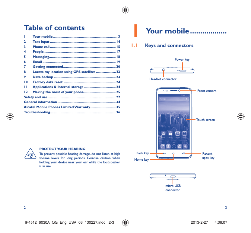 2 3Table of contents1 Your mobile ..................................................................... 32 Text input ...................................................................... 143 Phone call ...................................................................... 154 People ............................................................................ 175 Messaging....................................................................... 186  Email .............................................................................. 197 Getting connected ........................................................ 208  Locate my location using GPS satellites ......................239 Data backup .................................................................. 2310  Factory data reset  ....................................................... 2411  Applications &amp; Internal storage .................................. 2412  Making the most of your phone .................................. 25Safety and use ......................................................................... 27General information .............................................................. 34Alcatel Mobile Phones Limited Warranty ........................... 35Troubleshooting...................................................................... 36Your mobile1   ..................Keys and connectors1.1 Headset connector Power keyBack keyFront cameraHome keyRecent apps keymicro-USB connectorTouch screenPROTECT YOUR  HEARING To prevent possible hearing damage, do not listen at high volume levels for long periods. Exercise caution when holding your device near your ear while the loudspeaker is in use.IP4512_6030A_QG_Eng_USA_03_130227.indd   2-3IP4512_6030A_QG_Eng_USA_03_130227.indd   2-3 2013-2-27    4:06:072013-2-27    4:06:07