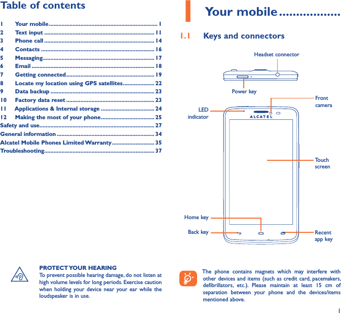 11 Your mobile ������������������1�1  Keys and connectorsLED indicatorPower keyHeadset connectorHome keyFront cameraTouch screenBack key Recent app keyPROTECT YOUR HEARINGTo prevent possible hearing damage, do not listen at high volume levels for long periods. Exercise caution when holding  your device near  your ear  while the loudspeaker is in use.Table of contents1  Your mobile ��������������������������������������������������������������������� 12  Text input ���������������������������������������������������������������������� 113  Phone call ���������������������������������������������������������������������� 144  Contacts ������������������������������������������������������������������������ 165  Messaging����������������������������������������������������������������������� 176   Email ������������������������������������������������������������������������������ 187  Getting connected �������������������������������������������������������� 198  Locate my location using GPS satellites �������������������� 229  Data backup ������������������������������������������������������������������ 2310  Factory data reset �������������������������������������������������������� 2311   Applications &amp; Internal storage ���������������������������������� 2412   Making the most of your phone ���������������������������������� 25Safety and use ������������������������������������������������������������������������� 27General information �������������������������������������������������������������� 34Alcatel Mobile Phones Limited Warranty ��������������������������� 35Troubleshooting���������������������������������������������������������������������� 37The  phone  contains  magnets  which  may  interfere  with other devices and items (such as credit card, pacemakers, defibrillators,  etc.).  Please  maintain  at  least  15  cm  of separation  between  your  phone  and  the  devices/items mentioned above.
