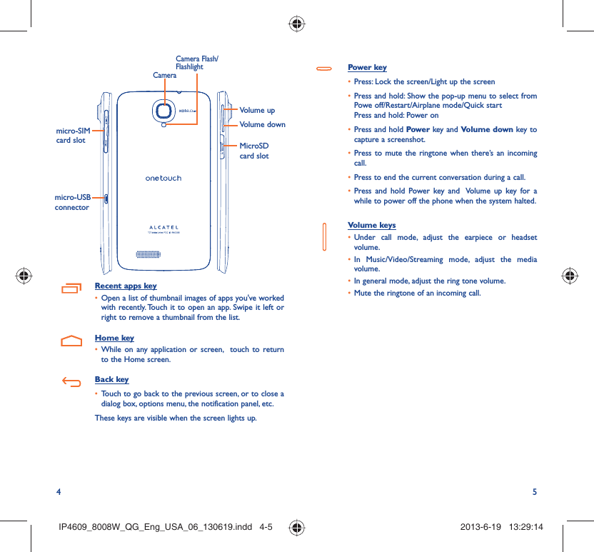 4 5micro-USB connectorVolume upVolume downmicro-SIM card slot MicroSD card slotCameraCamera Flash/FlashlightRecent apps keyOpen a list of thumbnail images of apps you&apos;ve worked • with recently. Touch it to open an app. Swipe it left or right to remove a thumbnail from the list. Home keyWhile on any application or screen,  touch to return • to the Home screen.Back keyTouch to go back to the previous screen, or to close a • dialog box, options menu, the notification panel, etc.These keys are visible when the screen lights up.Power keyPress: Lock the screen/Light up the screen• Press and hold: Show the pop-up menu to select from • Powe off/Restart/Airplane mode/Quick startPress and hold: Power onPress and hold•   Power key and Volume down key to capture a screenshot.Press to mute the ringtone when there’s an incoming • call.Press to end the current conversation during a call.• Press and hold Power key and  Volume up key for a • while to power off the phone when the system halted.Volume keys Under call mode, adjust the earpiece or headset • volume.In Music/Video/Streaming mode, adjust the media • volume.In general mode, adjust the ring tone volume.• Mute the ringtone of an incoming call.• IP4609_8008W_QG_Eng_USA_06_130619.indd   4-5IP4609_8008W_QG_Eng_USA_06_130619.indd   4-5 2013-6-19   13:29:142013-6-19   13:29:14