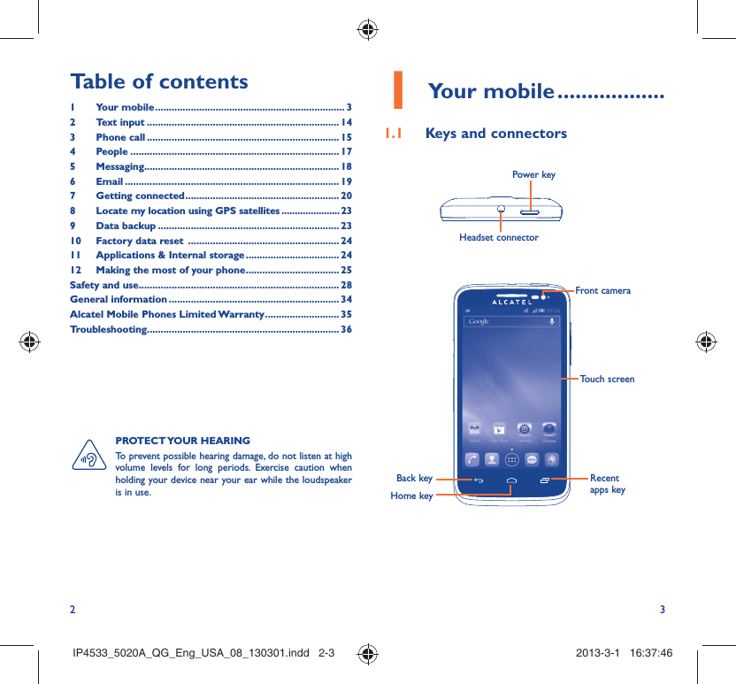 2 3Table of contents1 Your mobile ..................................................................... 32 Text input ...................................................................... 143 Phone call ...................................................................... 154 People ............................................................................ 175 Messaging....................................................................... 186  Email .............................................................................. 197 Getting connected ........................................................ 208  Locate my location using GPS satellites ......................239 Data backup .................................................................. 2310  Factory data reset  ....................................................... 2411  Applications &amp; Internal storage .................................. 2412  Making the most of your phone .................................. 25Safety and use ......................................................................... 28General information .............................................................. 34Alcatel Mobile Phones Limited Warranty ........................... 35Troubleshooting...................................................................... 36Your mobile1   ..................Keys and connectors1.1 Headset connector Power keyBack keyFront cameraHome keyRecent apps keyTouch screenPROTECT YOUR  HEARING To prevent possible hearing damage, do not listen at high volume levels for long periods. Exercise caution when holding your device near your ear while the loudspeaker is in use.IP4533_5020A_QG_Eng_USA_08_130301.indd   2-3IP4533_5020A_QG_Eng_USA_08_130301.indd   2-3 2013-3-1   16:37:462013-3-1   16:37:46