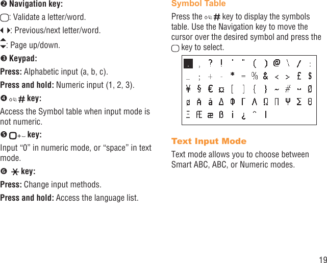 19 Navigation key:: Validate a letter/word.: Previous/next letter/word. : Page up/down. Keypad:Press: Alphabetic input (a, b, c).Press and hold: Numeric input (1, 2, 3).  key:Access the Symbol table when input mode is not numeric.   key:Input “0” in numeric mode, or “space” in text mode.   key:Press: Change input methods.Press and hold: Access the language list. Symbol TablePress the   key to display the symbols table. Use the Navigation key to move the cursor over the desired symbol and press the  key to select.Text Input Mode Text mode allows you to choose between Smart ABC, ABC, or Numeric modes.