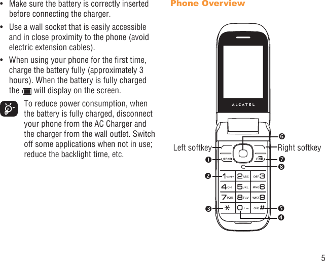 5Make sure the battery is correctly inserted • before connecting the charger.Use a wall socket that is easily accessible • and in close proximity to the phone (avoid electric extension cables).When using your phone for the ﬁrst time, • charge the battery fully (approximately 3 hours). When the battery is fully charged the   will display on the screen.  To reduce power consumption, when the battery is fully charged, disconnect your phone from the AC Charger and the charger from the wall outlet. Switch off some applications when not in use; reduce the backlight time, etc.Phone Overview Right softkeyLeft softkey