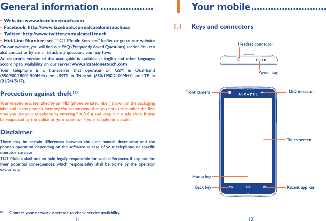 11 121 Your mobile ���������������������������1�1  Keys and connectorsLED indicatorHome keyFront cameraTouch screenBack key Recent app keyPower keyHeadset connectorGeneral information �������������������• Website: www�alcatelonetouch�com• Facebook: http://www�facebook�com/alcatelonetouchusa• Twitter: http://www�twitter�com/alcatel1touch• Hot Line Number: see “TCT Mobile Services” leaflet or go to our websiteOn our website, you will find our FAQ (Frequently Asked Questions) section. You can also contact us by e-mail to ask any questions you may have. An electronic version of  this user guide  is available in  English and other  languages according to availability on our server: www�alcatelonetouch�comYour  telephone  is  a  transceiver  that  operates  on  GSM  in  Qual-band (850/900/1800/1900MHz)  or  UMTS  in  Tri-band  (850/1900/2100MHz)  or  LTE  in (B1/2/4/5/17).Protection against theft (1)Your telephone is identified by an IMEI (phone serial number) shown on the packaging label and in the phone’s memory. We recommend that you note the number the first time you use your telephone by entering * # 0 6 # and keep it in a safe place. It may be requested by the police or your operator if your telephone is stolen. DisclaimerThere  may  be  certain  differences  between  the  user  manual  description  and  the phone’s operation, depending on the software release of your telephone or specific operator services.TCT Mobile shall not be held legally responsible for such differences, if any, nor for their  potential  consequences,  which  responsibility  shall  be  borne  by  the  operator exclusively.(1)  Contact your network operator to check service availability.