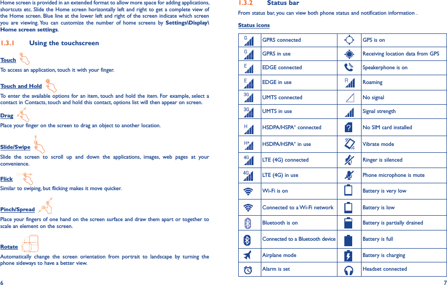 6 71�3�2  Status barFrom status bar, you can view both phone status and notification information .  Status iconsGPRS connected GPS is onGPRS in use Receiving location data from GPSEDGE connected Speakerphone is onEDGE in use RoamingUMTS connected No signalUMTS in use Signal strengthHSDPA/HSPA+ connected No SIM card installedHSDPA/HSPA+ in use Vibrate modeLTE (4G) connected Ringer is silencedLTE (4G) in use Phone microphone is muteWi-Fi is on Battery is very lowConnected to a Wi-Fi network Battery is lowBluetooth is on Battery is partially drainedConnected to a Bluetooth device Battery is fullAirplane mode Battery is chargingAlarm is set Headset connectedHome screen is provided in an extended format to allow more space for adding applications, shortcuts etc. Slide the Home screen horizontally left and right to get a complete view of the Home screen. Blue line at the lower left and right of the screen indicate which screen you  are  viewing. You  can  customize  the  number  of  home  screens  by  Settings\Display\Home screen settings.1�3�1  Using the touchscreenTouch  To access an application, touch it with your finger.Touch and Hold  To enter the available options for an item, touch and hold the item. For example, select a contact in Contacts, touch and hold this contact, options list will then appear on screen.Drag  Place your finger on the screen to drag an object to another location.Slide/Swipe  Slide  the  screen  to  scroll  up  and  down  the  applications,  images,  web  pages  at  your convenience.Flick  Similar to swiping, but flicking makes it move quicker.Pinch/Spread  Place your fingers of one hand on the screen surface and draw them apart or together to scale an element on the screen.Rotate  Automatically  change  the  screen  orientation  from  portrait  to  landscape  by  turning  the phone sideways to have a better view.