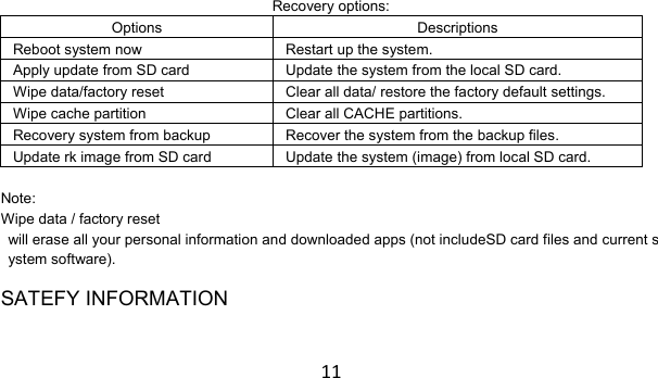 11  Recovery options: Options Descriptions Reboot system now  Restart up the system. Apply update from SD card  Update the system from the local SD card. Wipe data/factory reset  Clear all data/ restore the factory default settings. Wipe cache partition  Clear all CACHE partitions. Recovery system from backup  Recover the system from the backup files. Update rk image from SD card  Update the system (image) from local SD card.  Note:  Wipe data / factory reset will erase all your personal information and downloaded apps (not includeSD card files and current system software).  SATEFY INFORMATION 