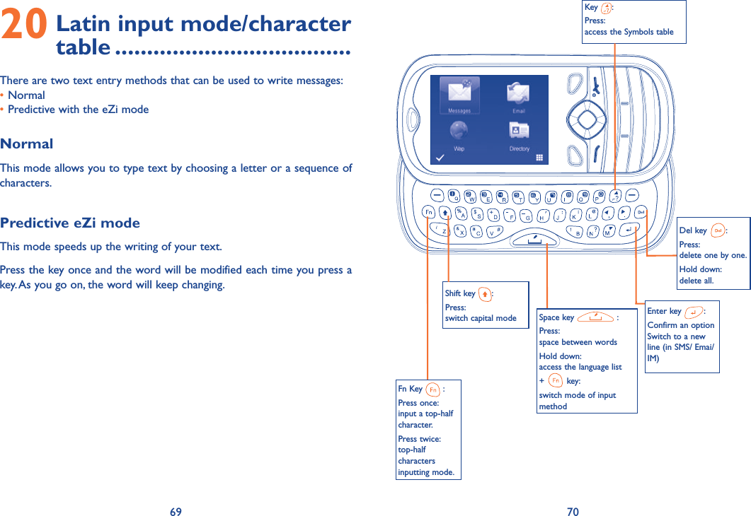 69 7020  Latin input mode/character table .....................................There are two text entry methods that can be used to write messages:• Normal • Predictive with the eZi modeNormalThis mode allows you to type text by choosing a letter or a sequence of characters.Predictive eZi modeThis mode speeds up the writing of your text.Press the key once and the word will be modified each time you press a key. As you go on, the word will keep changing. Key  :Press: access the Symbols tableShift key  : Press:     switch capital modeDel key  : Press: delete one by one.Hold down: delete all.Enter key  : Confirm an option                                                                                             Switch to a new line (in SMS/ Emai/ IM)Fn Key   :Press once: input a top-half character.Press twice:top-half characters inputting mode.Space key   :Press: space between wordsHold down: access the language list+   key:switch mode of input method