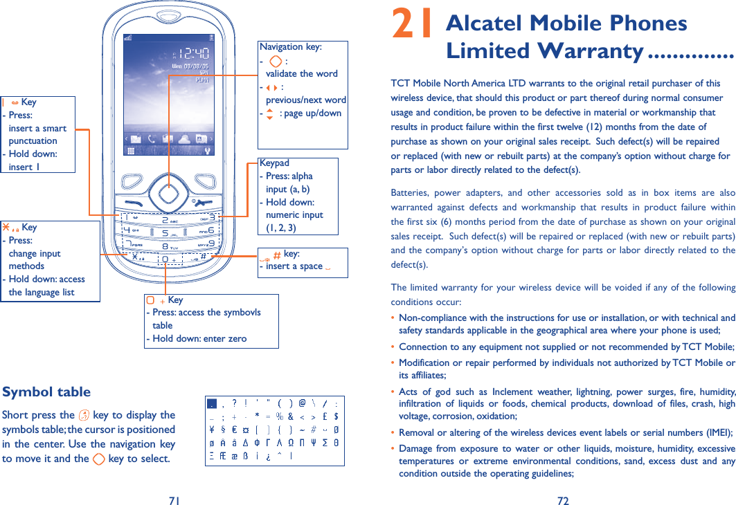 71 72Symbol tableShort press the   key to display the symbols table; the cursor is positioned in the center. Use the navigation key to move it and the   key to select. Key-  Press: insert a smart punctuation-  Hold down: insert 1Navigation key:-     : validate the word-   : previous/next word-    : page up/down key:- insert a space Keypad-  Press: alpha input (a, b)-  Hold down: numeric input (1, 2, 3) Key-  Press: change input methods-  Hold down: access the language list  Key-  Press: access the symbovls table- Hold down: enter zero21  Alcatel Mobile Phones Limited Warranty ..............TCT Mobile North America LTD warrants to the original retail purchaser of this wireless device, that should this product or part thereof during normal consumer usage and condition, be proven to be defective in material or workmanship that results in product failure within the first twelve (12) months from the date of purchase as shown on your original sales receipt.  Such defect(s) will be repaired or replaced (with new or rebuilt parts) at the company’s option without charge for parts or labor directly related to the defect(s). Batteries, power adapters, and other accessories sold as in box items are also warranted against defects and workmanship that results in product failure within the first six (6) months period from the date of purchase as shown on your original sales receipt.  Such defect(s) will be repaired or replaced (with new or rebuilt parts) and the company’s option without charge for parts or labor directly related to the defect(s). The limited warranty for your wireless device will be voided if any of the following conditions occur: •   Non-compliance with the instructions for use or installation, or with technical and safety standards applicable in the geographical area where your phone is used;•  Connection to any equipment not supplied or not recommended by TCT Mobile;•  Modification or repair performed by individuals not authorized by TCT Mobile or its affiliates; •  Acts of god such as Inclement weather, lightning, power surges, fire, humidity, infiltration of liquids or foods, chemical products, download of files, crash, high voltage, corrosion, oxidation;•  Removal or altering of the wireless devices event labels or serial numbers (IMEI);•  Damage from exposure to water or other liquids, moisture, humidity, excessive temperatures or extreme environmental conditions, sand, excess dust and any condition outside the operating guidelines;