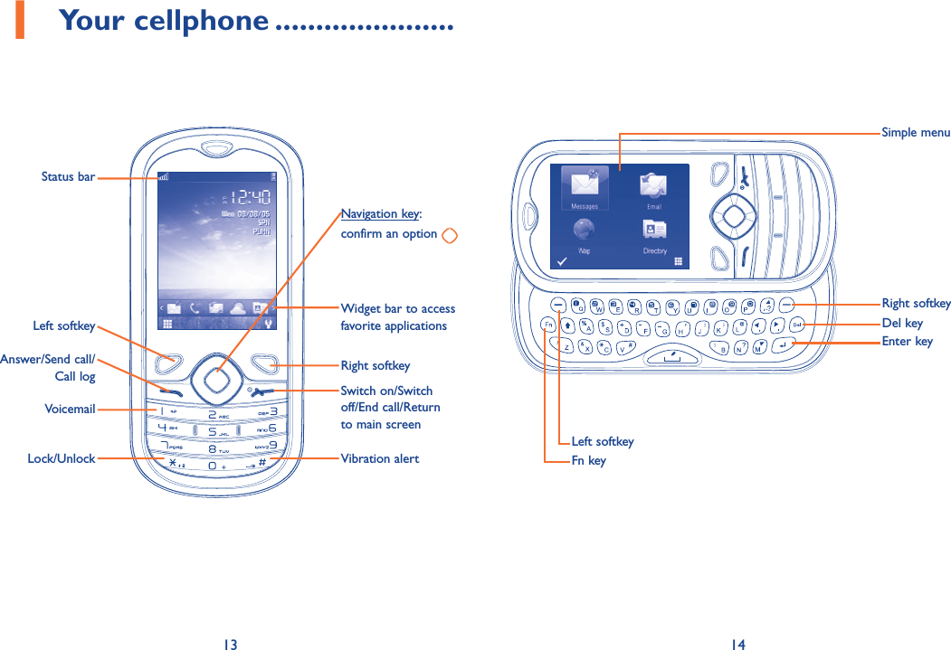 13 141 Your cellphone ......................VoicemailLock/UnlockLeft softkeyStatus barAnswer/Send call/Call log Right softkeyWidget bar to access favorite applicationsNavigation key: confirm an option Switch on/Switch off/End call/Return to main screenVibration alertRight softkeySimple menuEnter keyDel keyLeft softkeyFn key