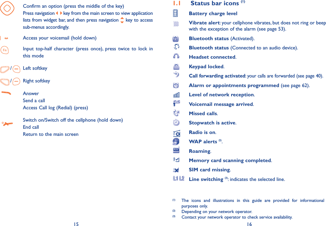 15 16 Confirm an option (press the middle of the key) Press navigation  key from the main screen to view application lists from widget bar, and then press navigation   key to access sub-menus accordingly. Access your voicemail (hold down) Input top-half character (press once), press twice to lock in this mode/ Left softkey/ Right softkey Answer  Send a call  Access Call log (Redial) (press) Switch on/Switch off the cellphone (hold down) End call  Return to the main screen 1.1  Status bar icons (1) Battery charge level Vibrate alert: your cellphone vibrates, but does not ring or beep with the exception of the alarm (see page 53). Bluetooth status (Activated).   Bluetooth status (Connected to an audio device). Headset connected. Keypad locked.  Call forwarding activated: your calls are forwarded (see page 40). Alarm or appointments programmed (see page 62). Level of network reception.  Voicemail message arrived.  Missed calls.  Stopwatch is active.  Radio is on. WAP alerts (2). Roaming. Memory card scanning completed. SIM card missing. Line switching (3): indicates the selected line.(1)  The icons and illustrations in this guide are provided for informational purposes only.(2)  Depending on your network operator.(3)  Contact your network operator to check service availability.