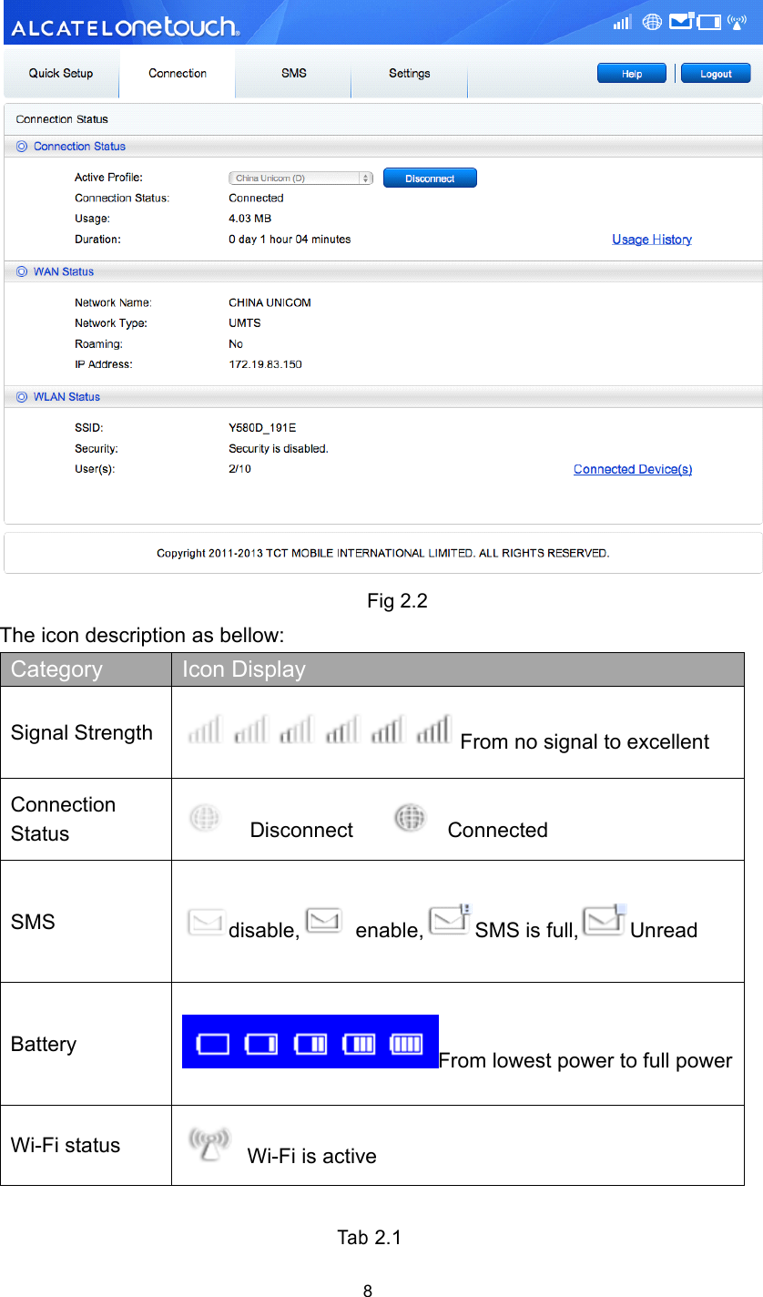 8Fig 2 . 2The icon description as bellow:Tab2.1Category Icon DisplaySignal StrengthFrom no signal to excellentConnectionStatusDisconnect ConnectedSMSdisable, enable, SMS is full, UnreadBatteryFrom lowest power to full powerWi-Fi statusWi-Fi is active